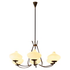 Italian Chandelier in Brass with Six Glass Shades