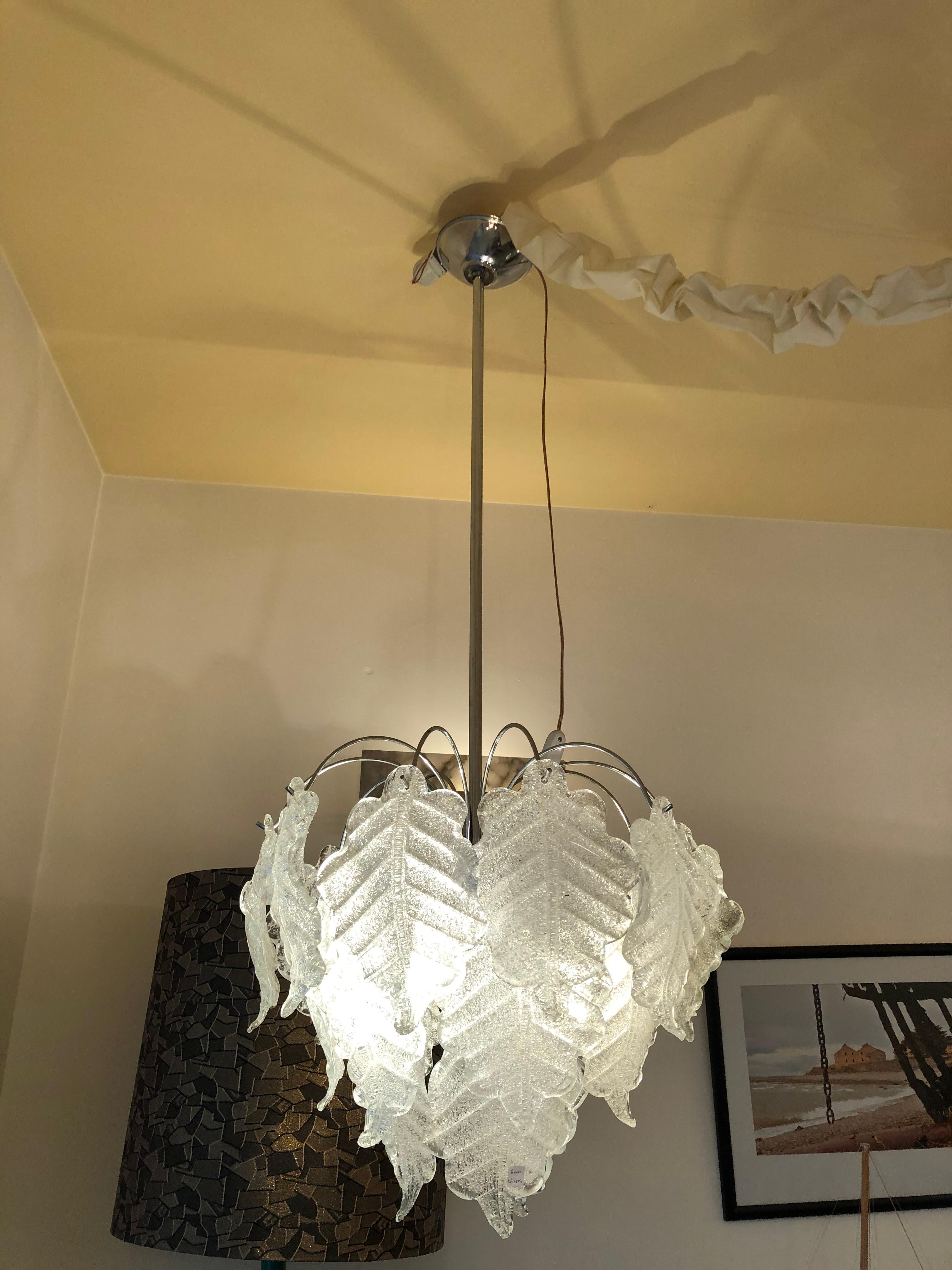 Hanging lamp.

Material: Chrome, murano
Style: 1950
Country: Italian
To take care of your property and the lives of our customers, the new wiring has been done.
We have specialized in the sale of Art Deco and Art Nouveau and Vintage styles since