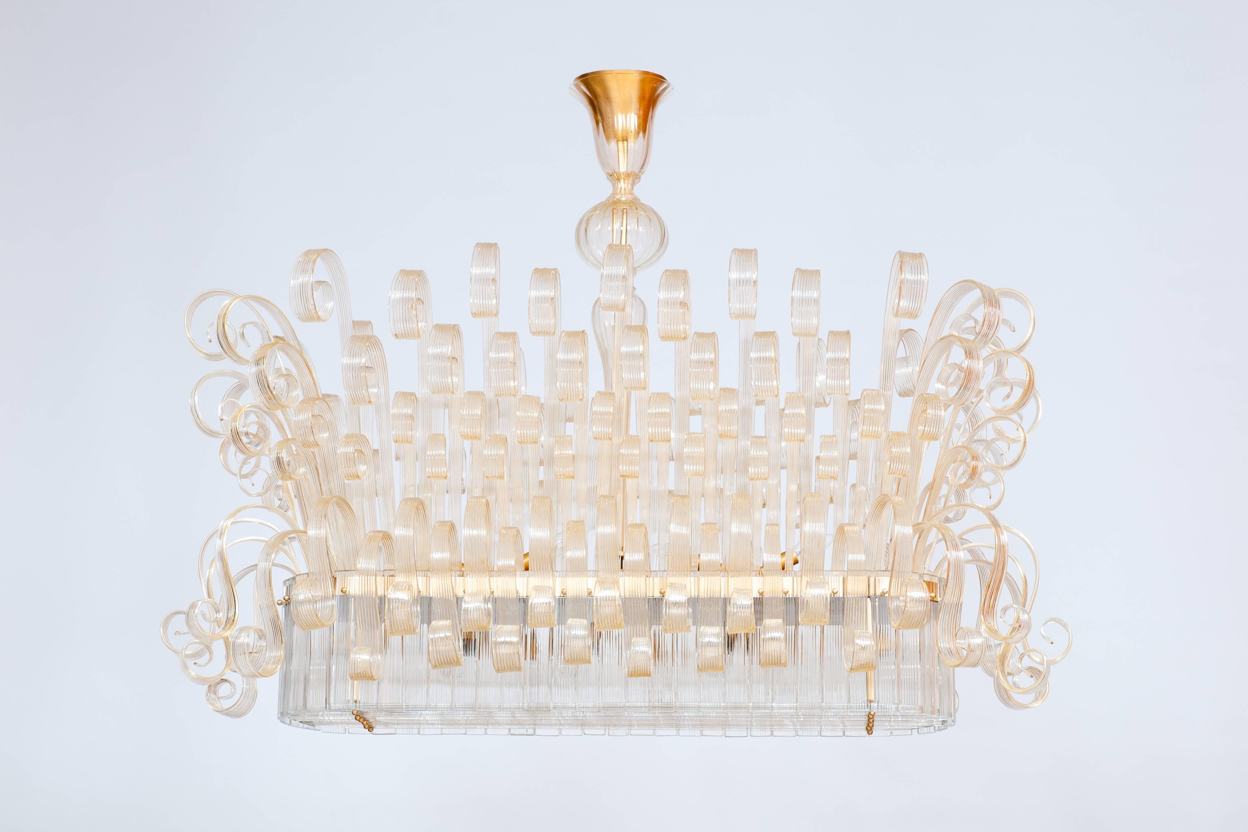 Imposing Gold Murano Glass Waterfall Chandelier by Giovanni Dalla Fina Italy 20s For Sale 2