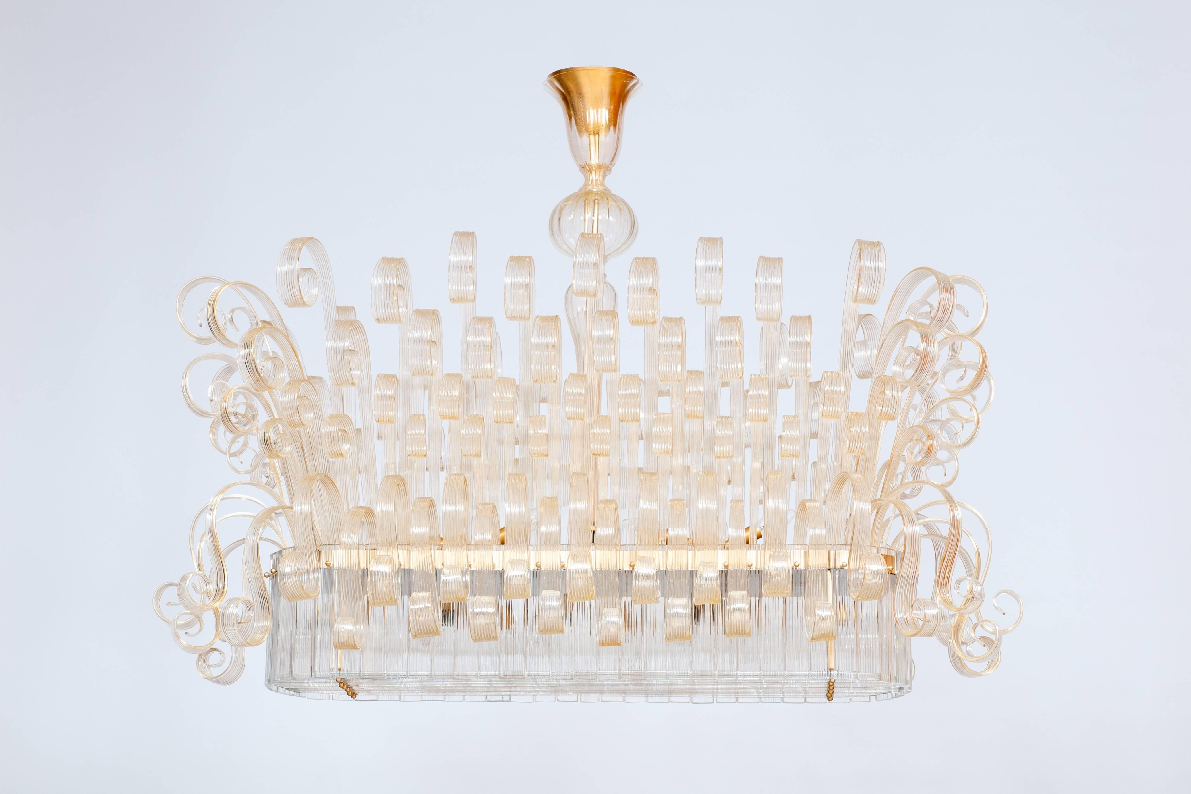 Imposing Gold Murano Glass Waterfall Chandelier by Giovanni Dalla Fina Italy 20s For Sale 3