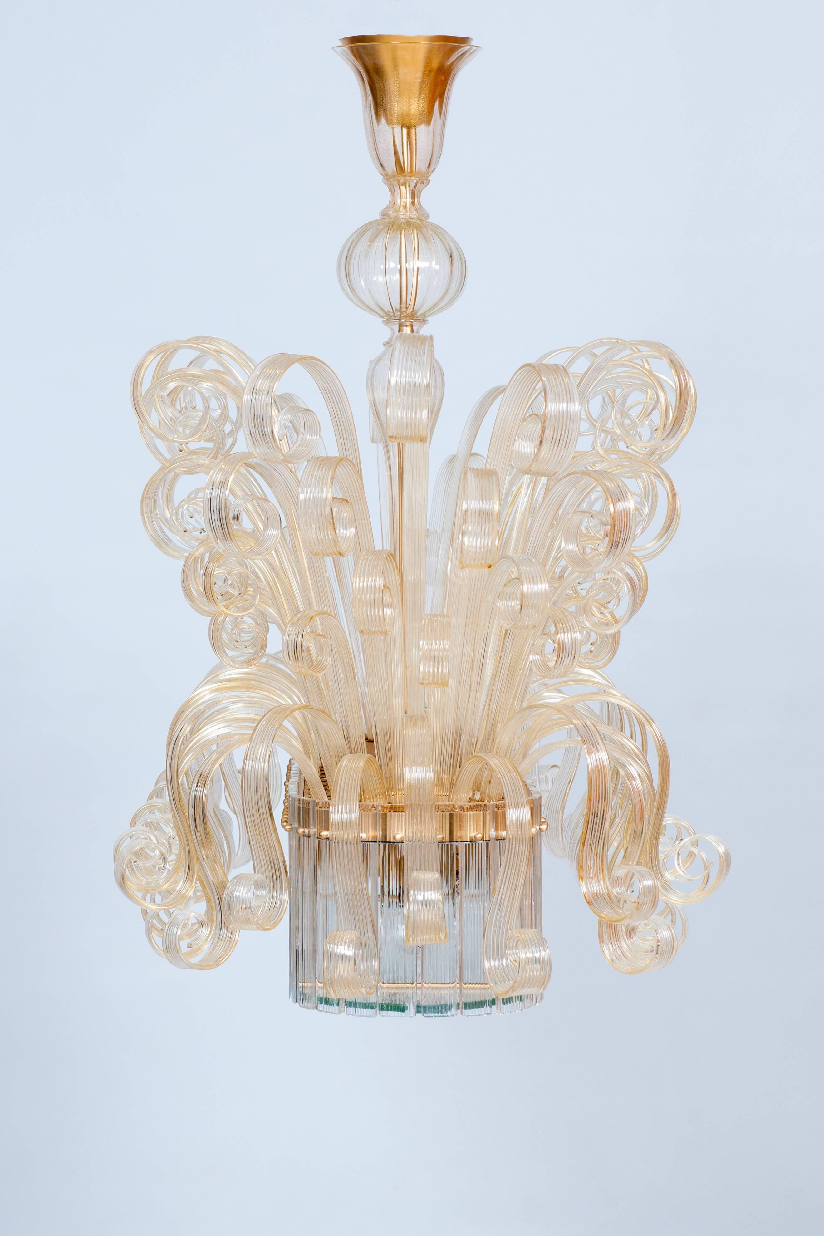 Hand-Crafted Imposing Gold Murano Glass Waterfall Chandelier by Giovanni Dalla Fina Italy 20s For Sale