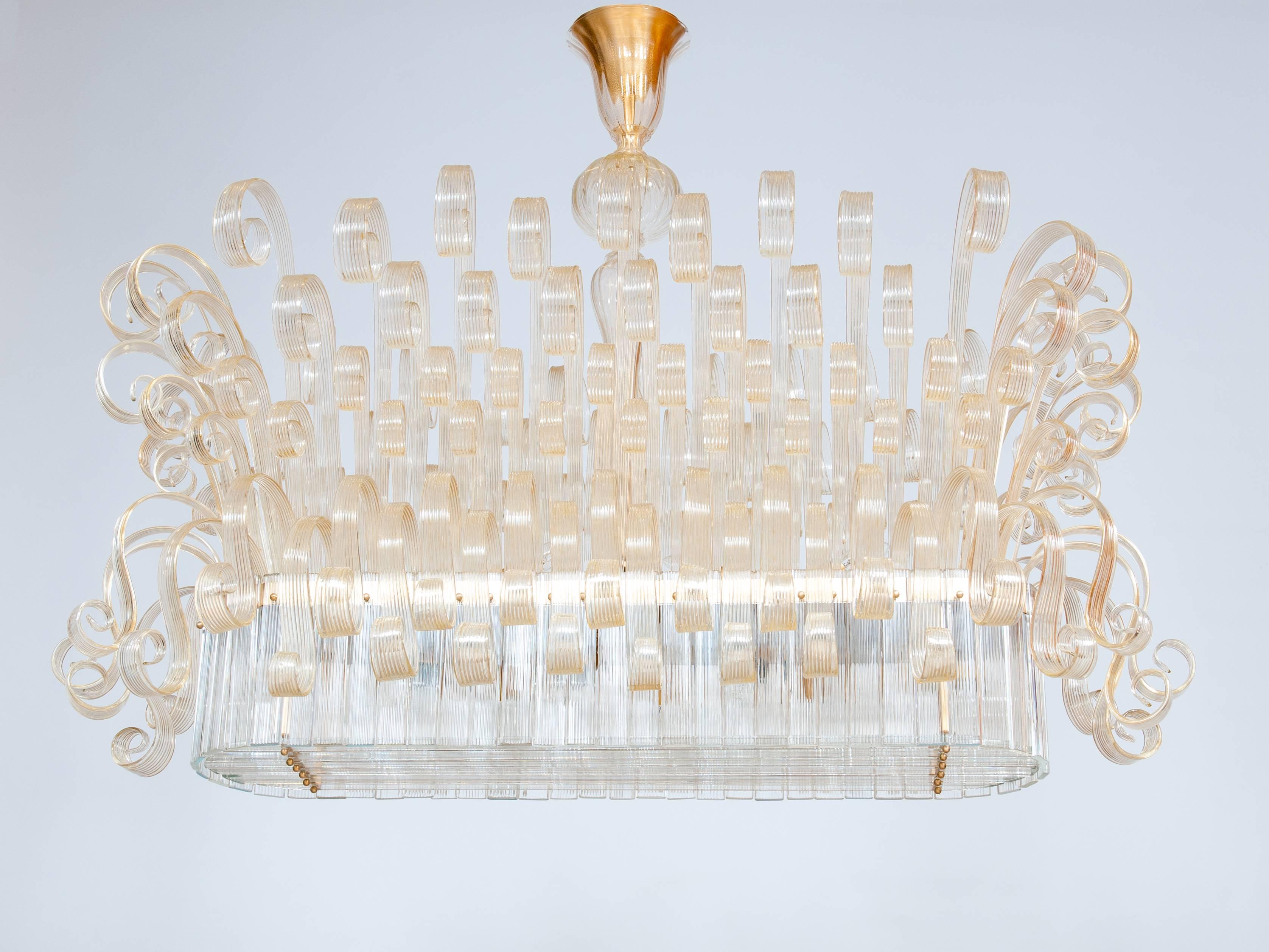 Imposing Gold Murano Glass Waterfall Chandelier by Giovanni Dalla Fina Italy 20s For Sale 1