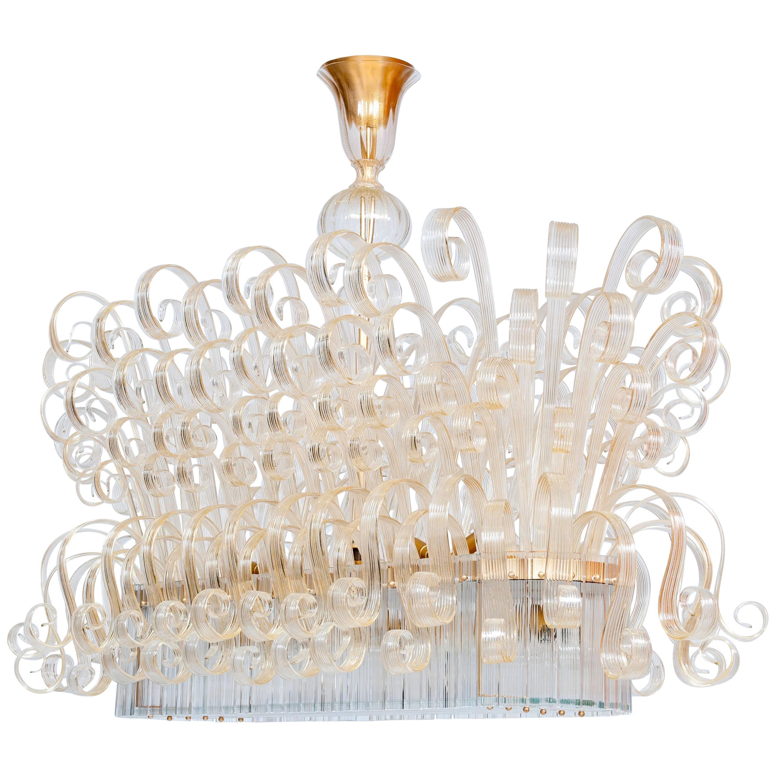 Imposant lustre cascade en verre de Murano doré par Giovanni Dalla Fina Italie années 20 en vente