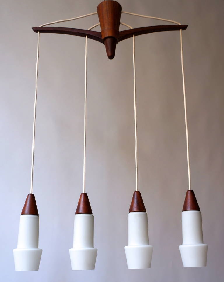 Metal Italian Chandelier in Murano Opaline Glass and Wood For Sale