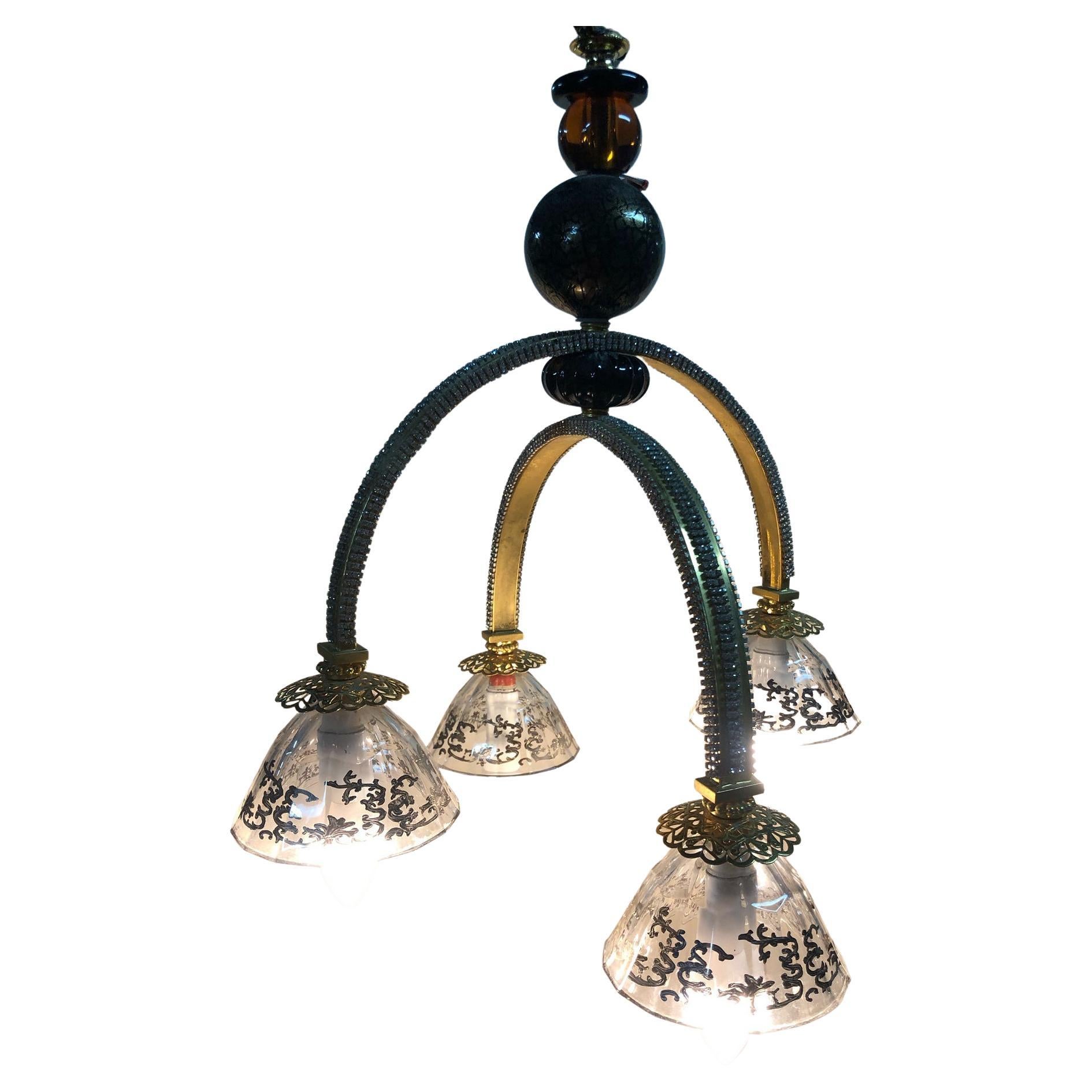 Italian Chandelier in Rhinestones with Four Lights with Original Gold Coloring