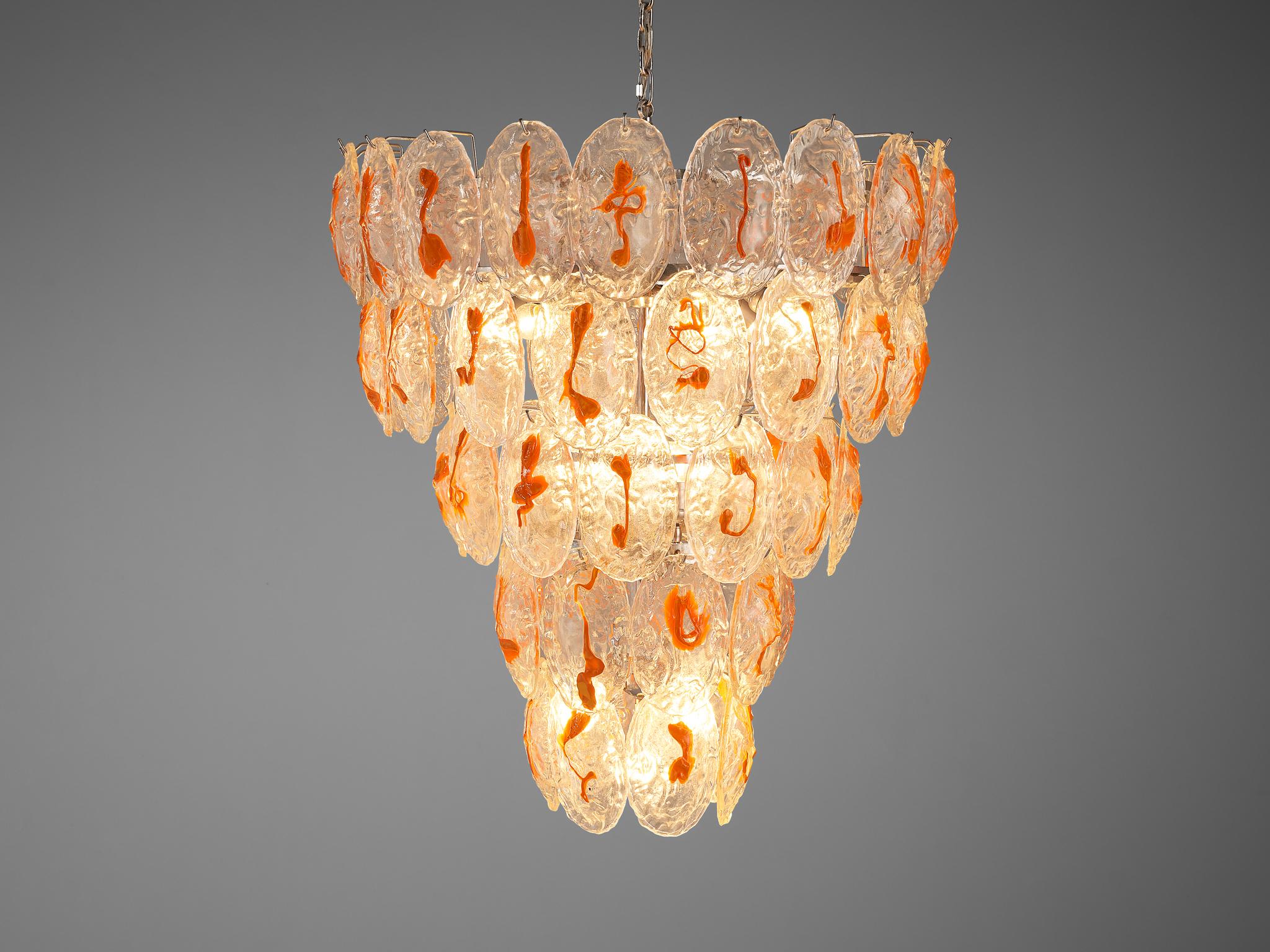 Mid-Century Modern Italian Chandelier in Structured Glass with Orange Detailing For Sale