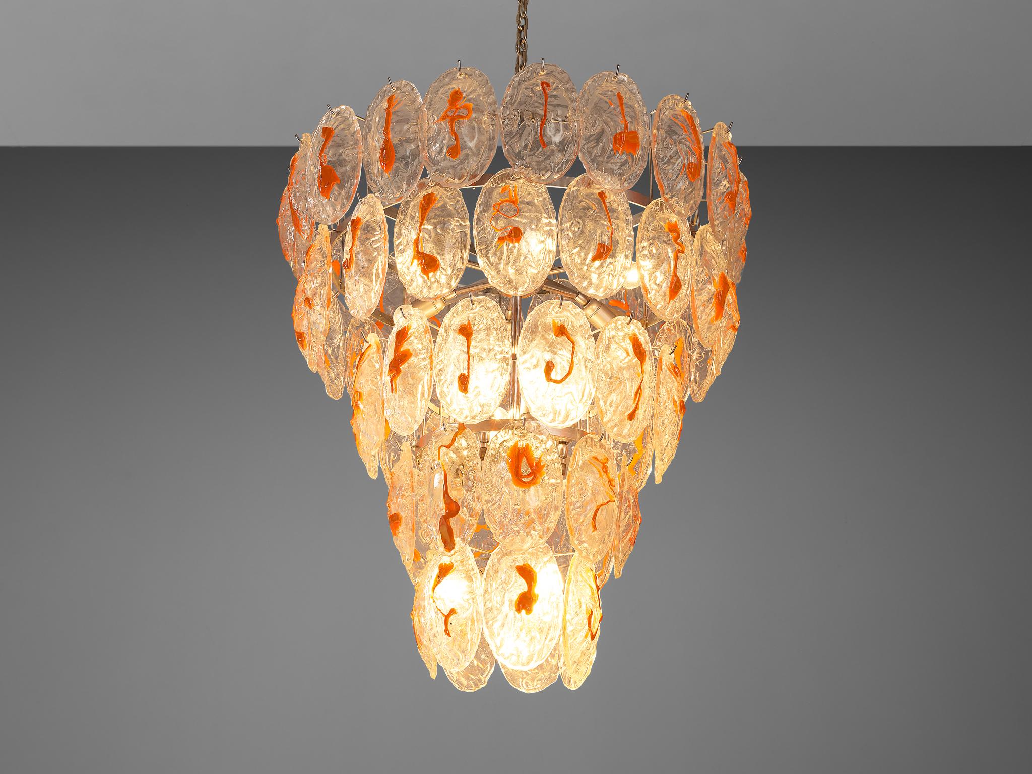 Metal Italian Chandelier in Structured Glass with Orange Detailing For Sale