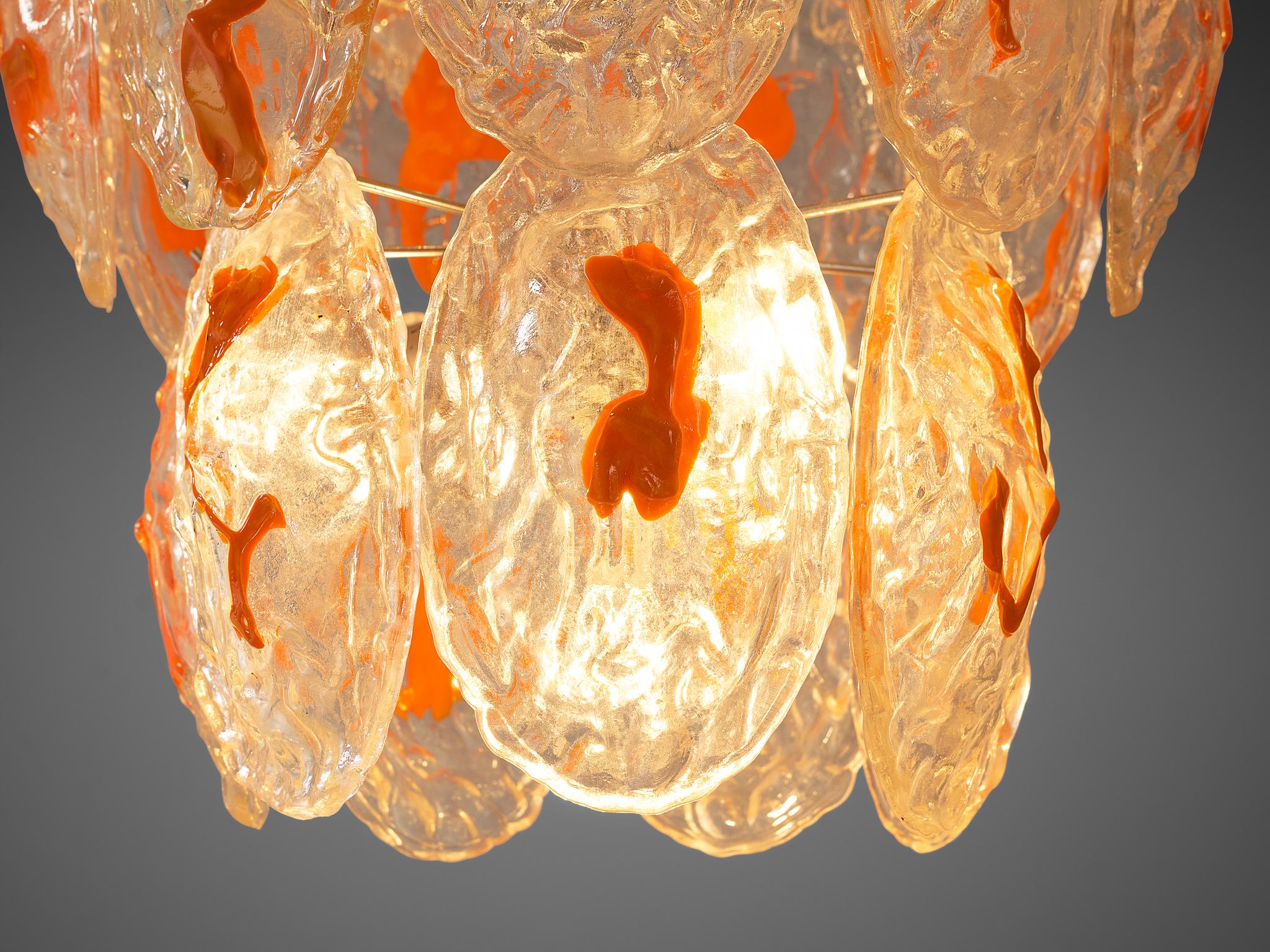Italian Chandelier in Structured Glass with Orange Detailing For Sale 1