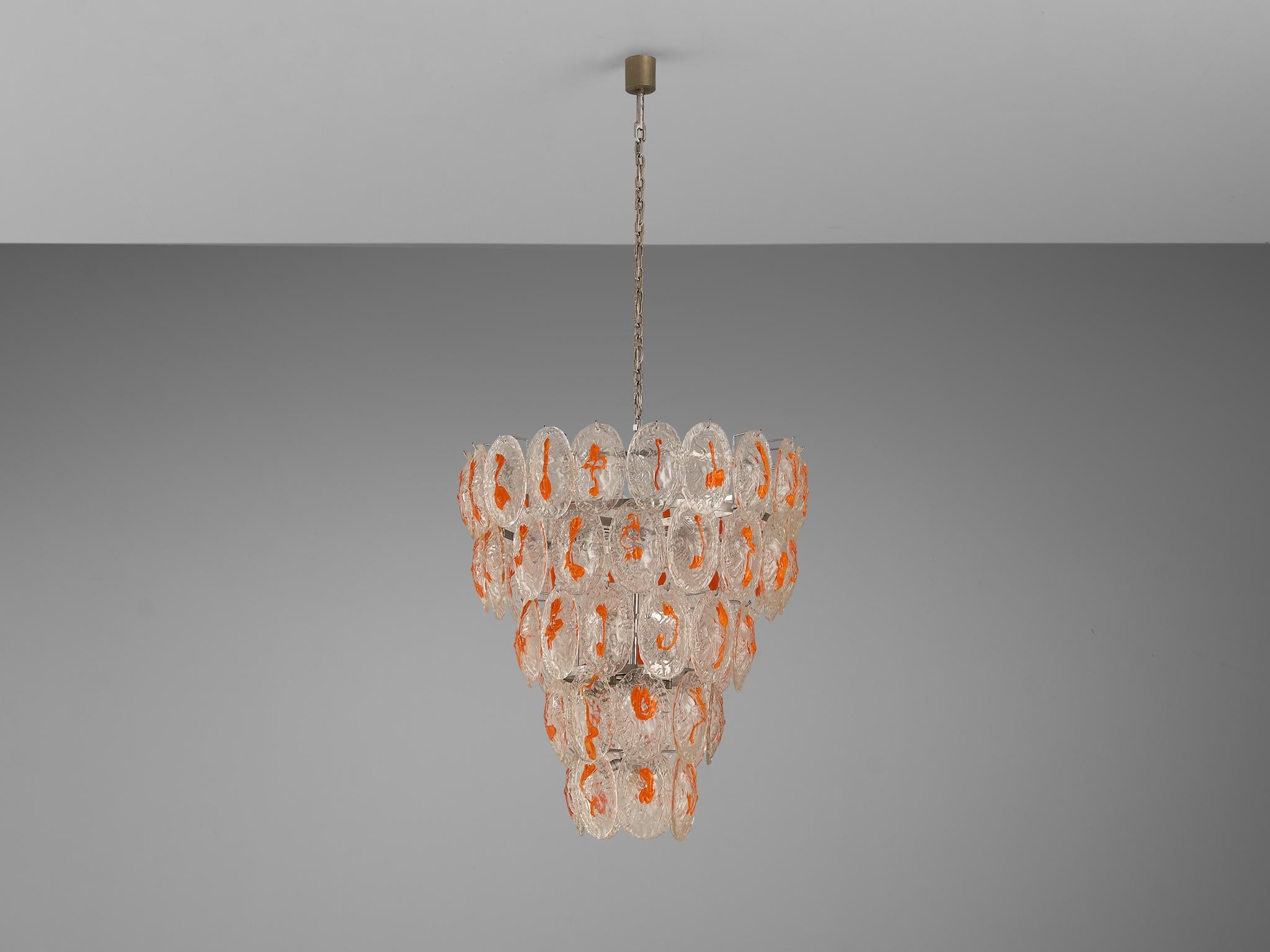 Italian Chandelier in Structured Glass with Orange Detailing For Sale 2