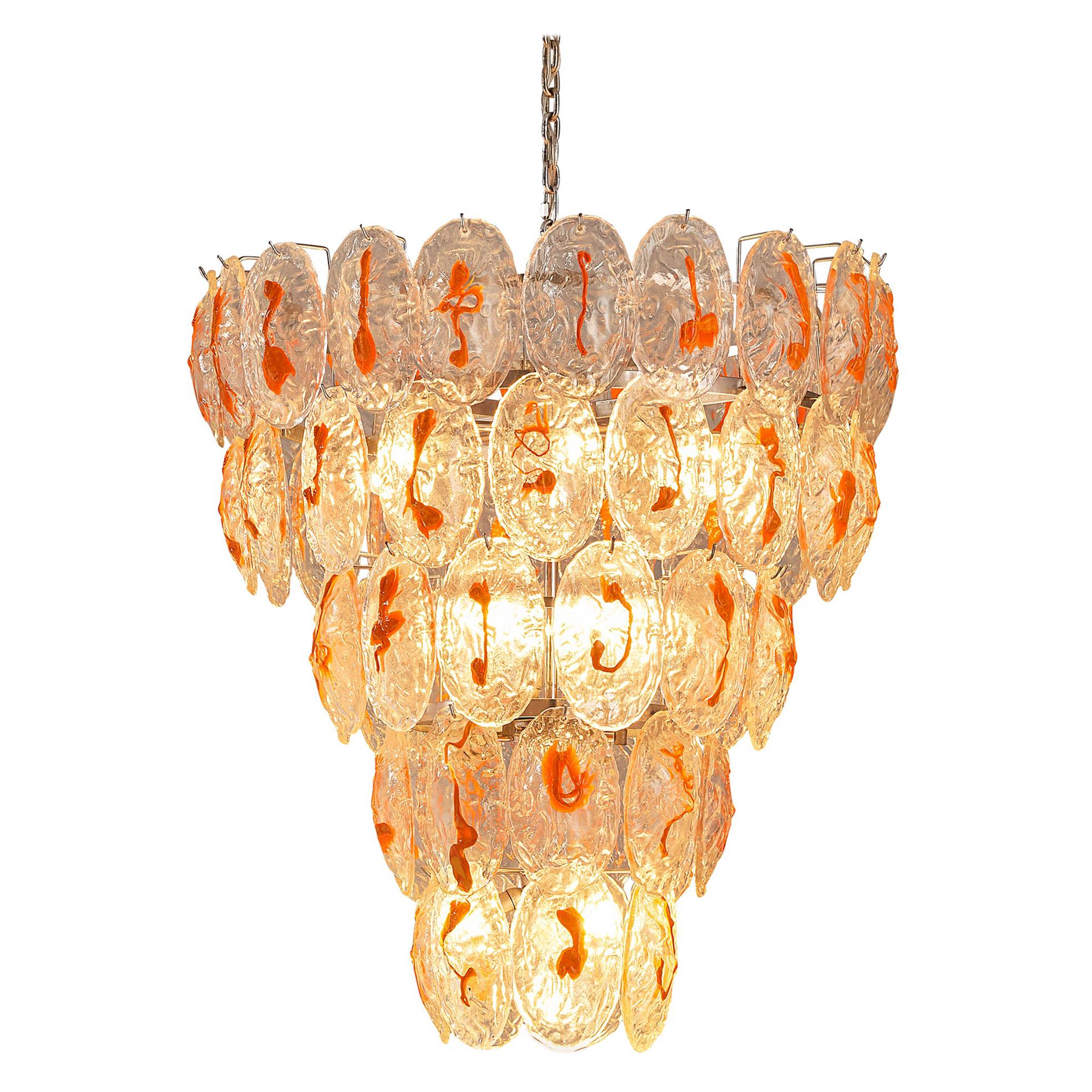 Italian Chandelier in Structured Glass with Orange Detailing For Sale