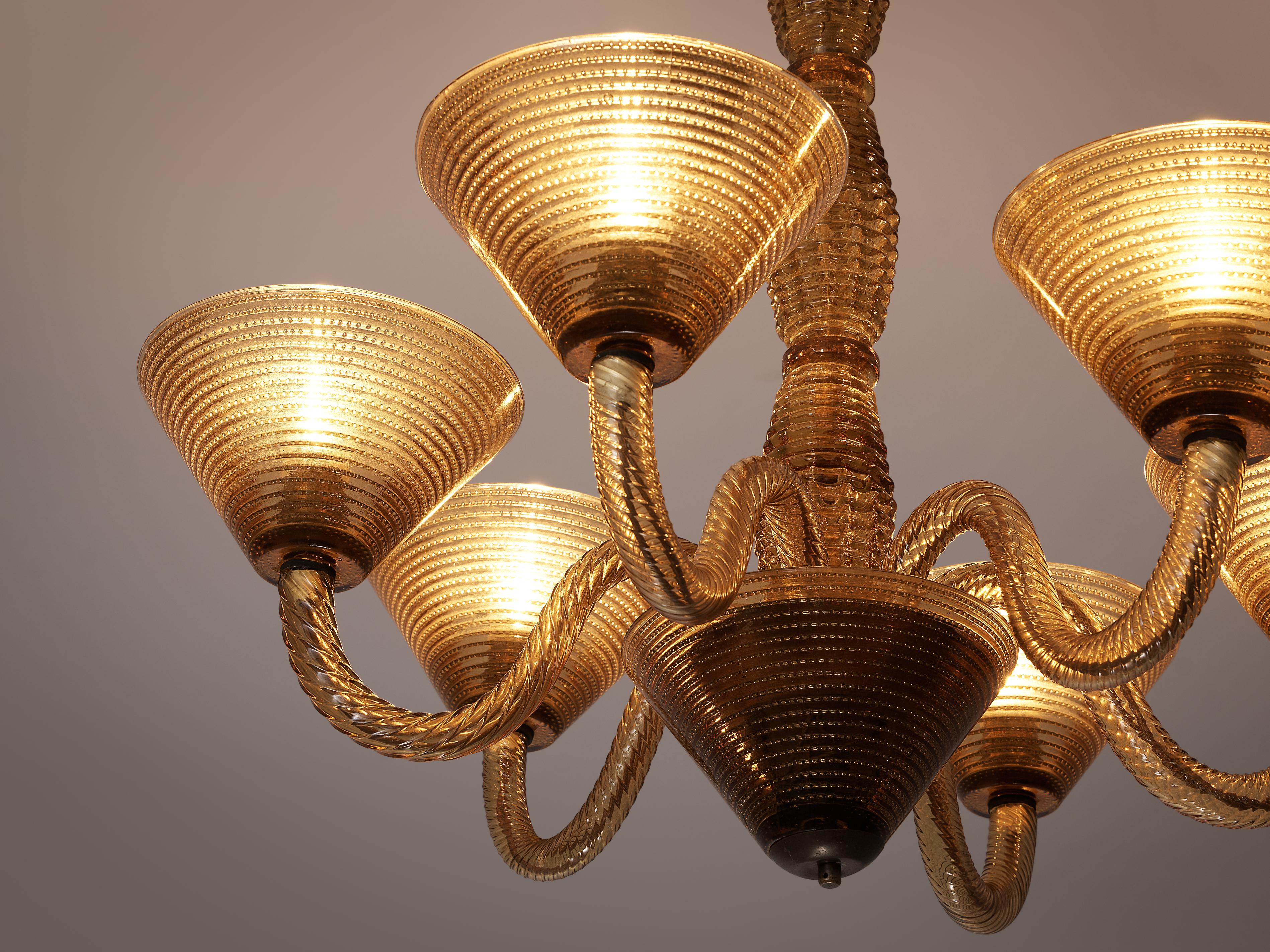 Mid-Century Modern Italian Chandelier in Structured Light Brown Glass