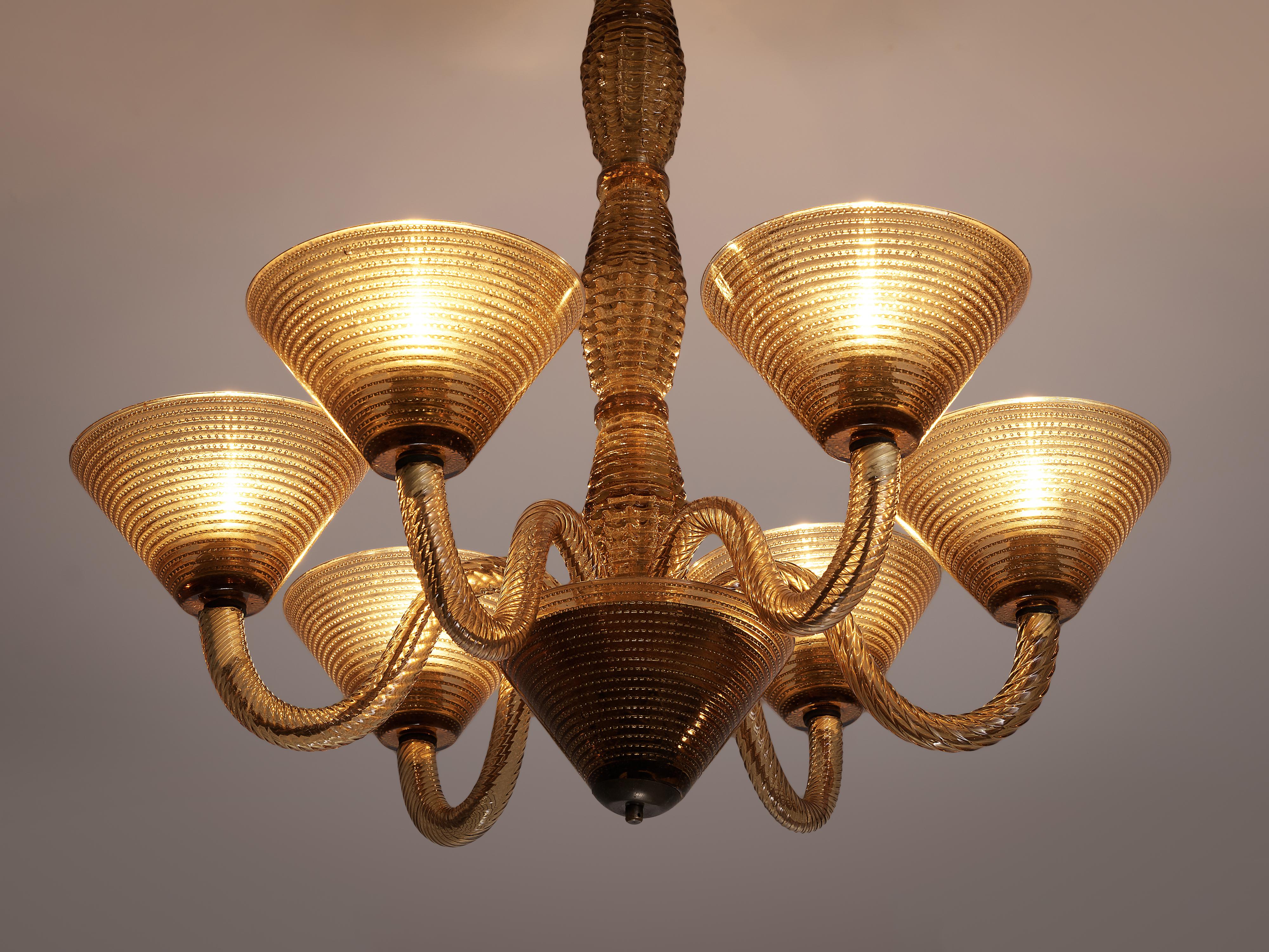Mid-20th Century Italian Chandelier in Structured Light Brown Glass