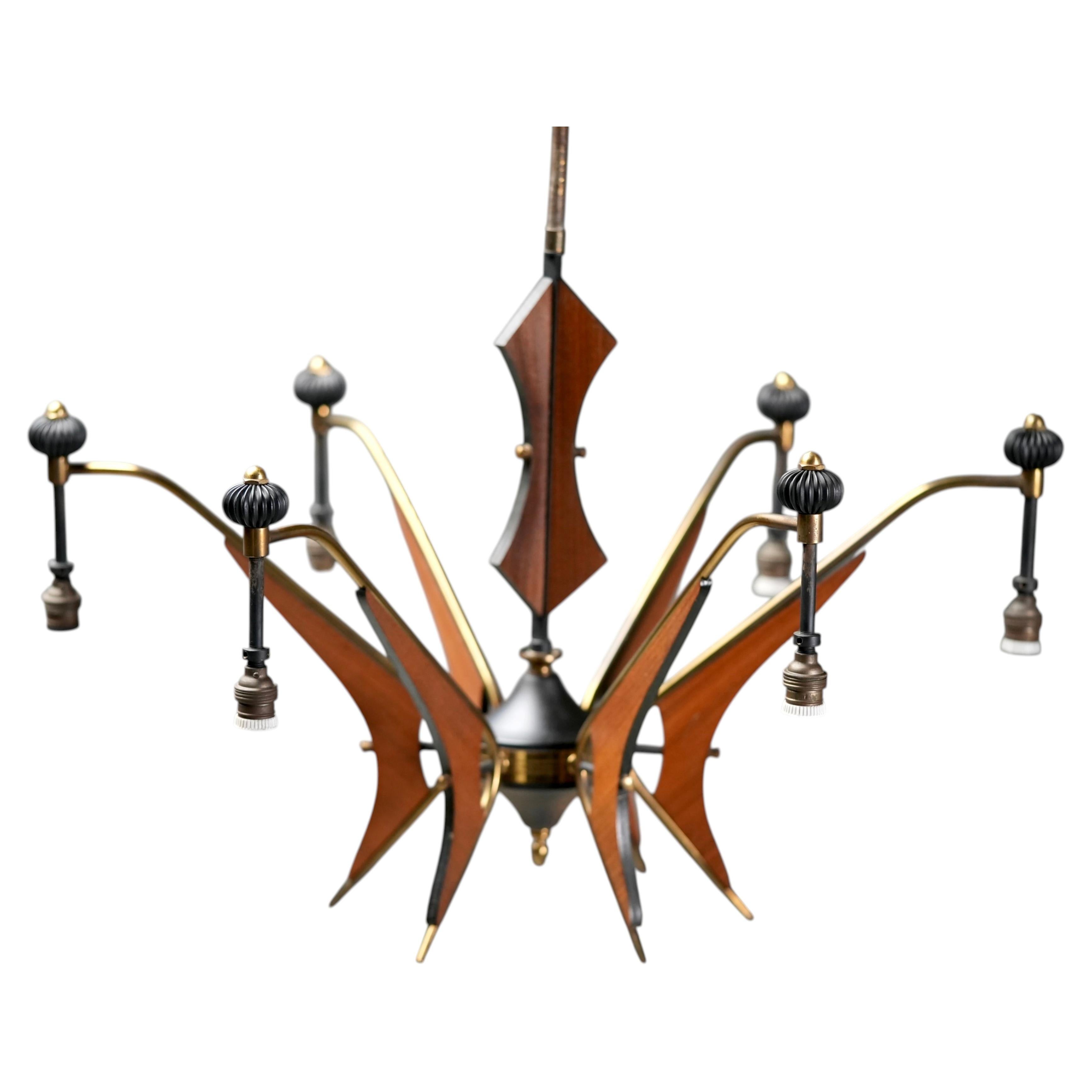 Italian Chandelier in Wood, Brass and Metal, 1950's