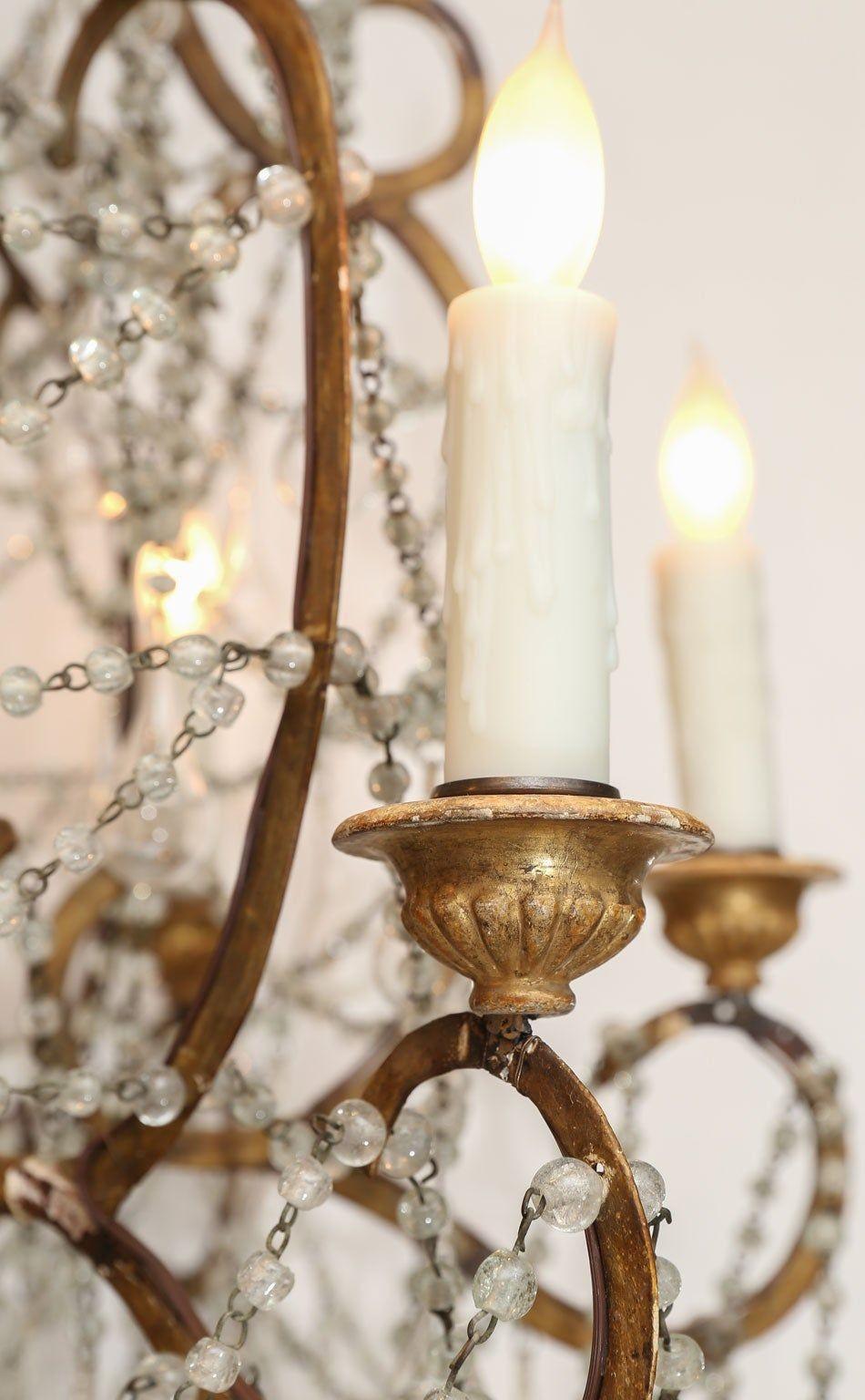 Blown Glass Italian Chandelier in Wood, Gilt-Iron and Glass For Sale