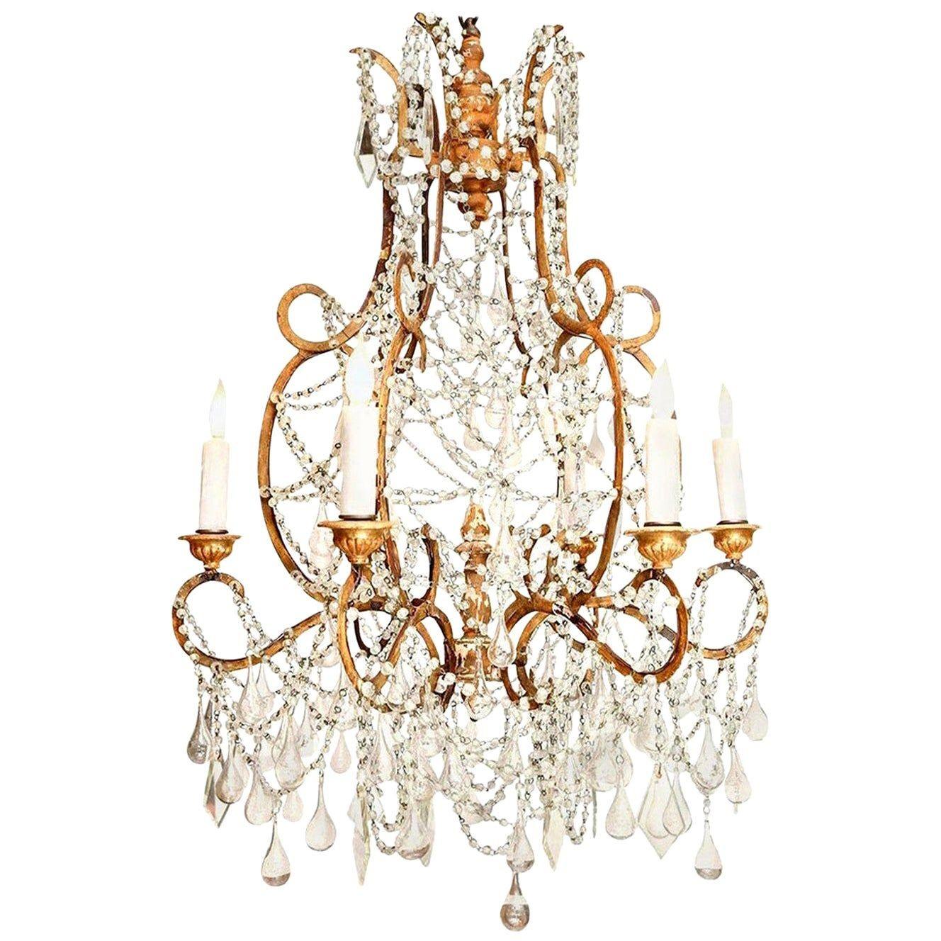 Italian Chandelier in Wood, Gilt-Iron and Glass For Sale 2