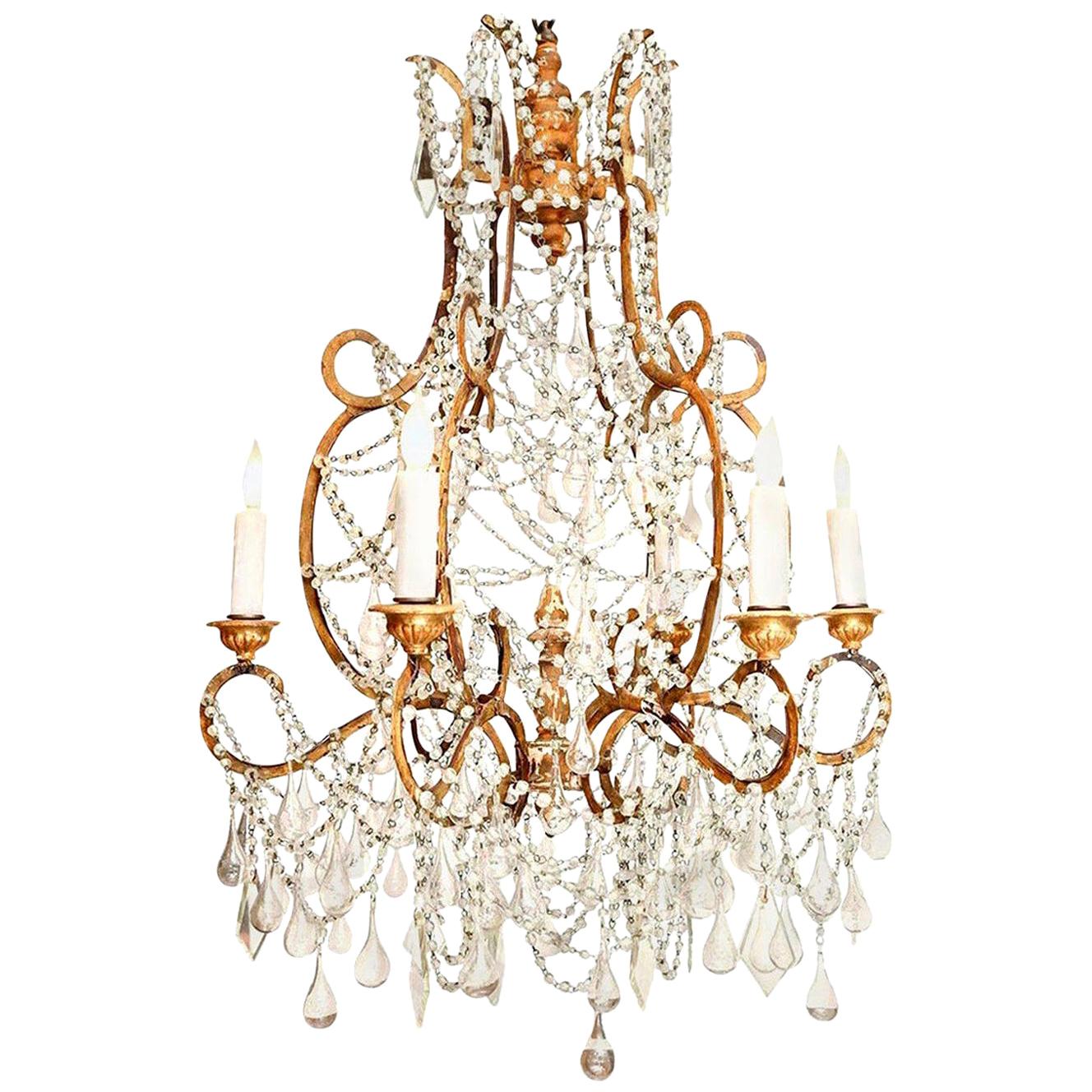 Italian Chandelier in Wood, Gilt-Iron and Glass For Sale 3