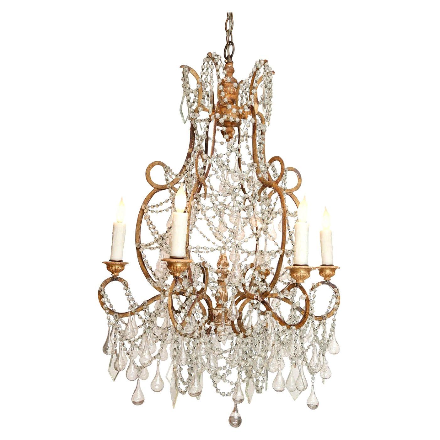 Italian Chandelier in Wood, Gilt-Iron and Glass