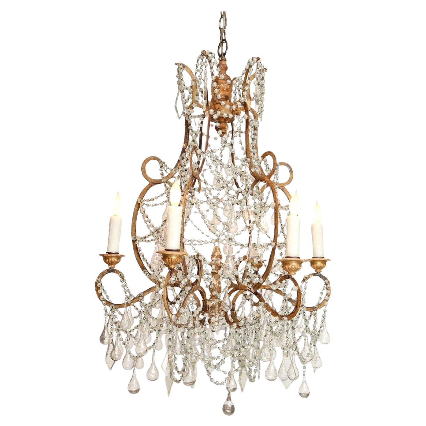 Italian Chandelier in Wood, Gilt-Iron and Glass