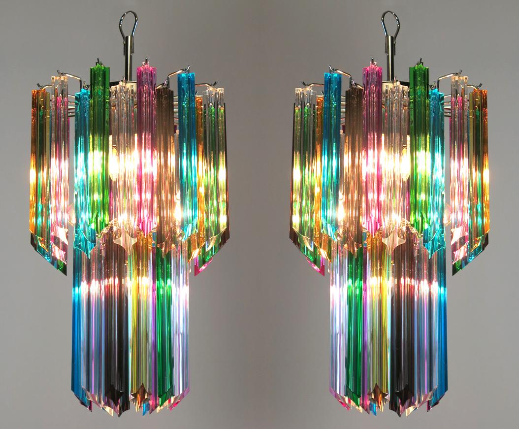 Fantastic Murano chandelier made by 44 Murano crystal multicolored prism in a nickel metal frame.

Dimensions: 55.10 inches height (140 cm) with chain; 27.50 inches height (70 cm) without chain; 15 inches diameter (38 cm)
Dimension glasses: 11
