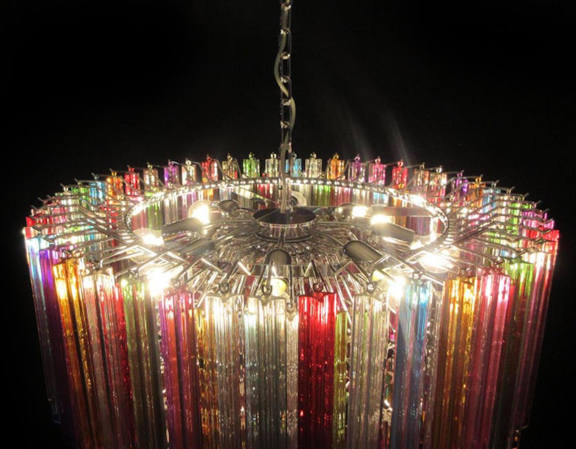 Amazing Murano glass chandelier, 265 multicolored Quadriedri on crome frame. This large midcentury Italian chandelier is truly a timeless Classic.
Period: Late 20th century
Dimensions: 43.30 inches (110 cm) height with chain, 15.75 inches (40 cm)