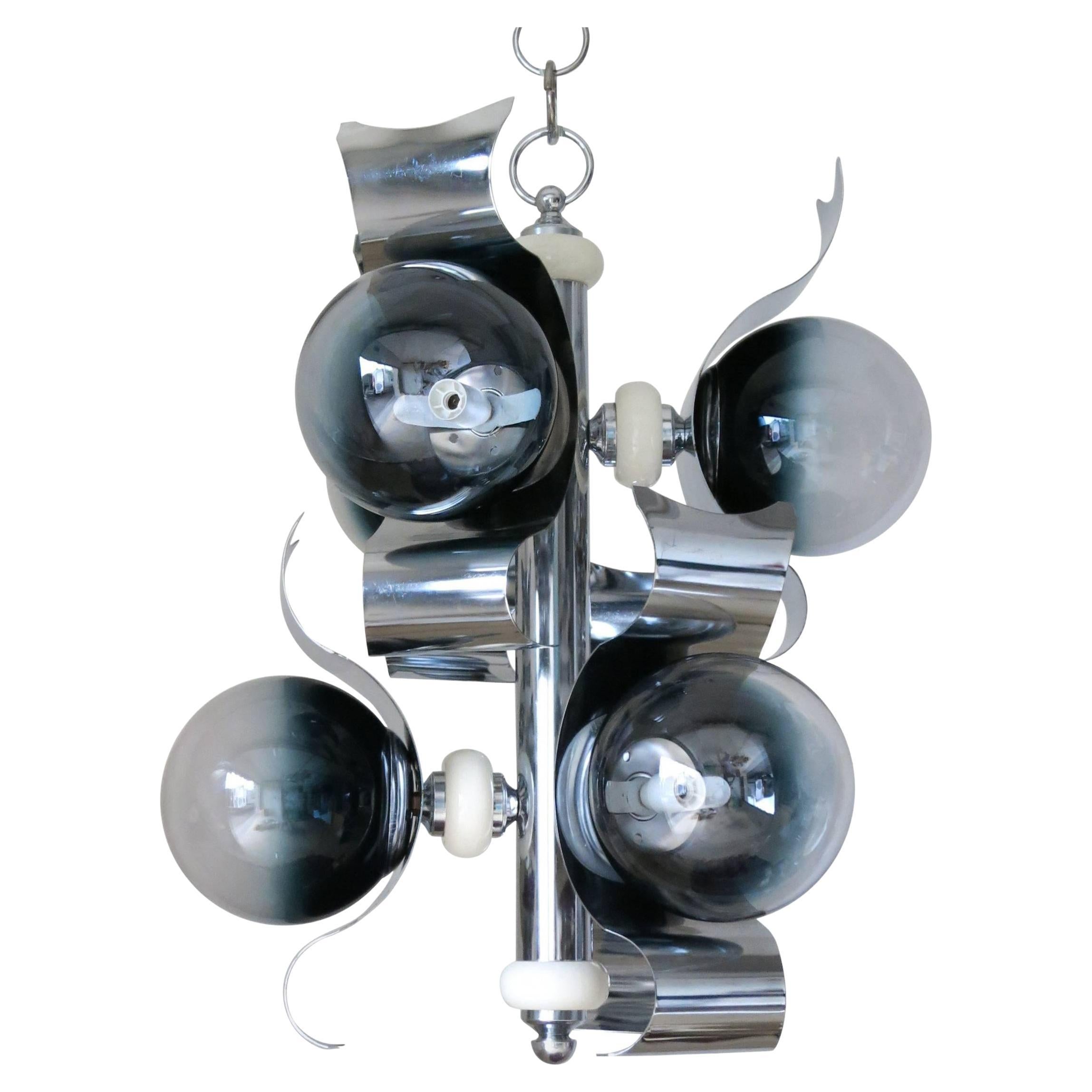 Italian Chandelier Murano Glass Globes, Curved Chrome Frame by Sciolari C 1960s For Sale