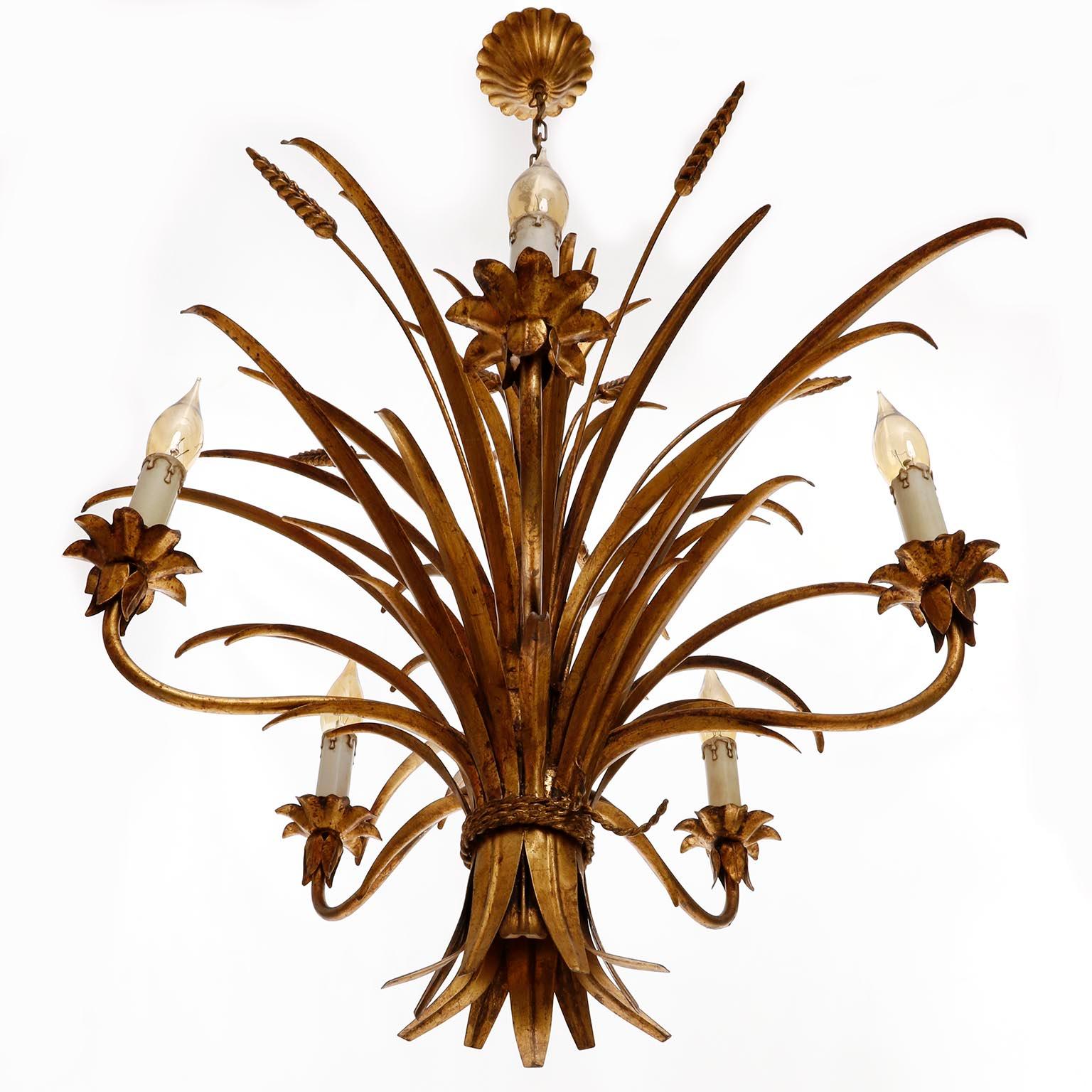 Italian Chandelier Pendant Light, Gilt Metal, 1970s 2