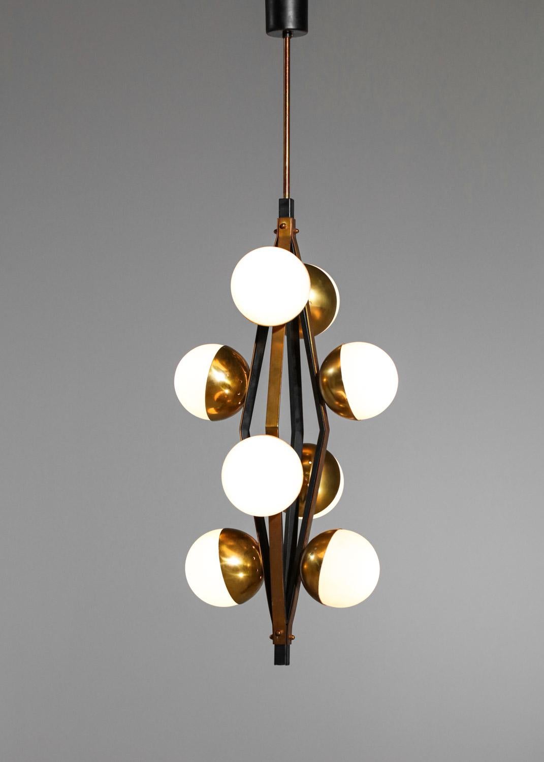 Italian chandelier Stilnovo 8 globes in original opaline from 60's  4