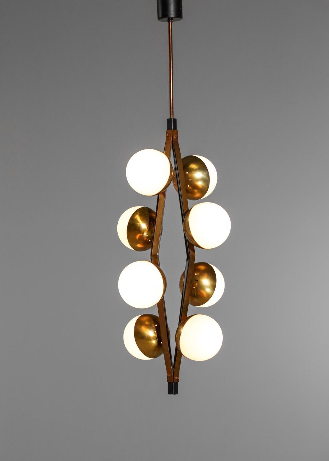 Italian chandelier Stilnovo 8 globes in original opaline from 60's  6