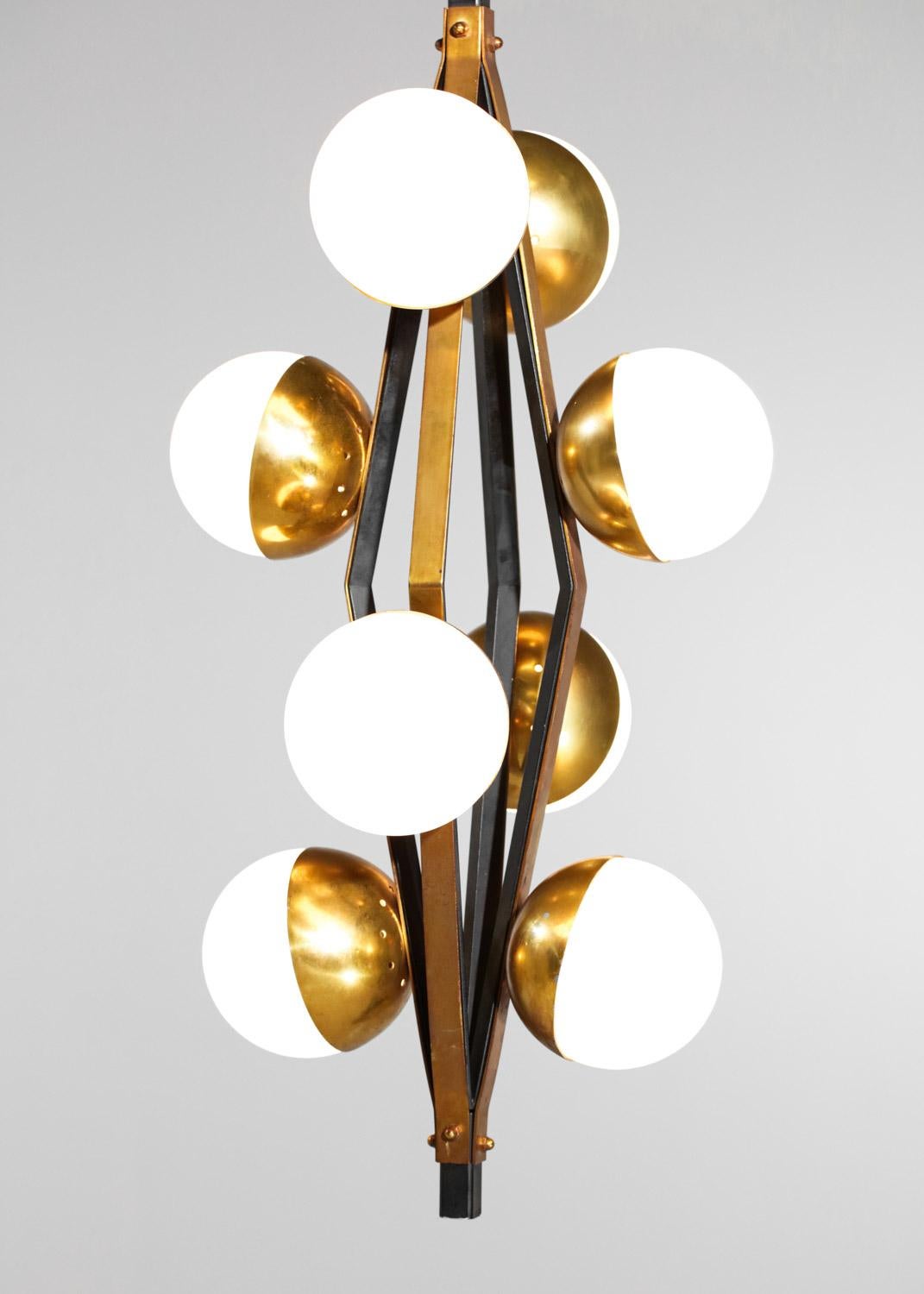 Italian chandelier Stilnovo 8 globes in original opaline from 60's  2