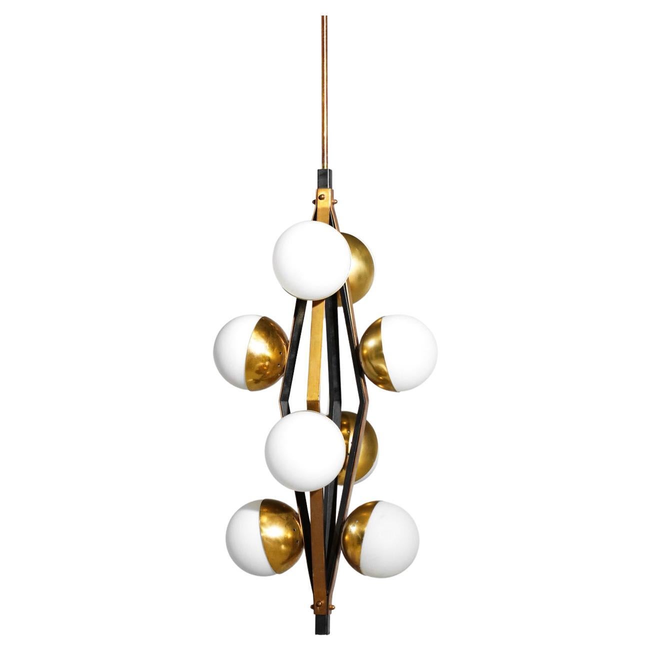 Italian chandelier Stilnovo 8 globes in original opaline from 60's  For Sale