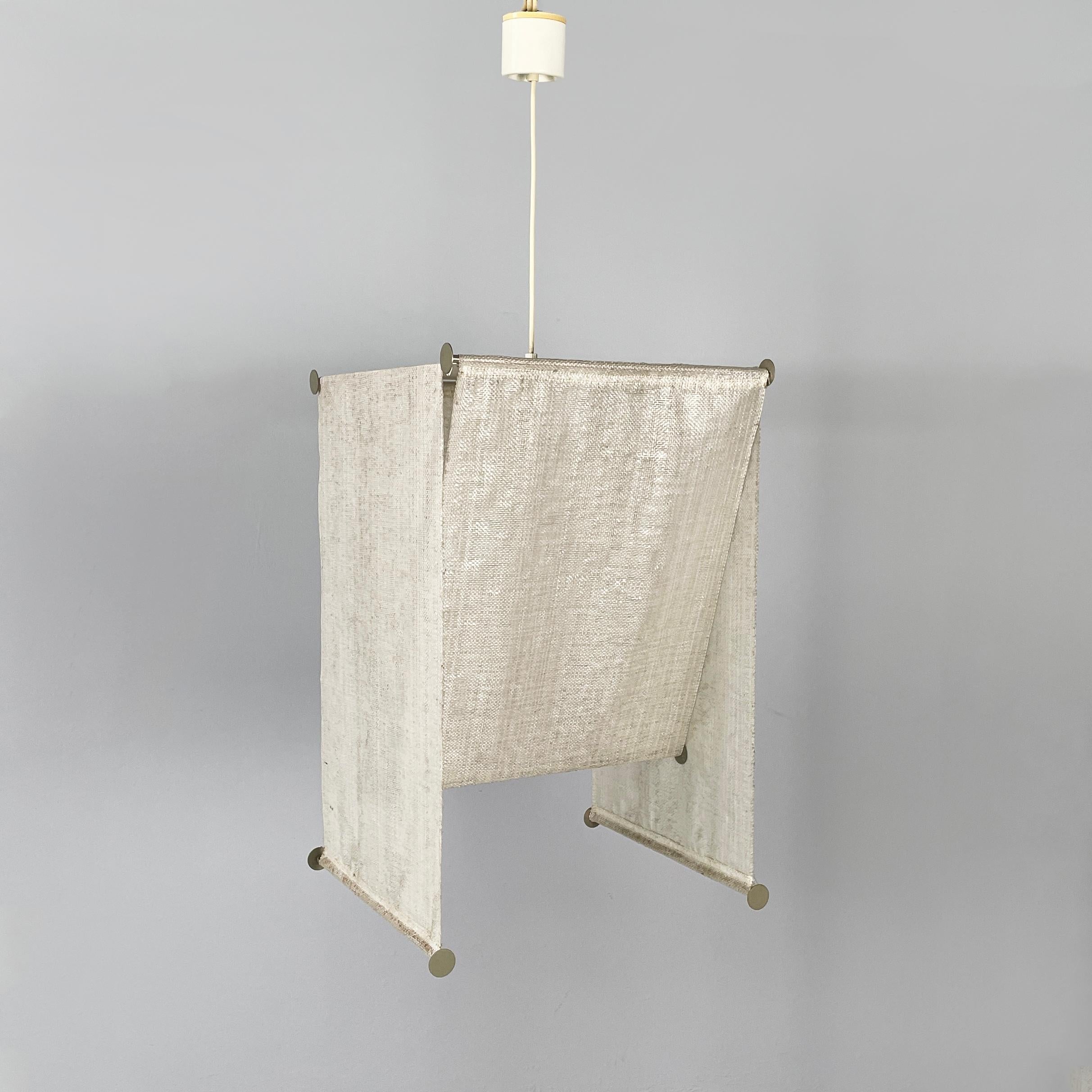 Italian modern Chandelier Teli 374  by Achille and Pier Giacomo Castiglioni for Flos, 1980s
Iconic and vintage Chandelier mod Teli 374 with square base. The diffuser is made up of two sheets of white synthetic material, one positioned in a triangle