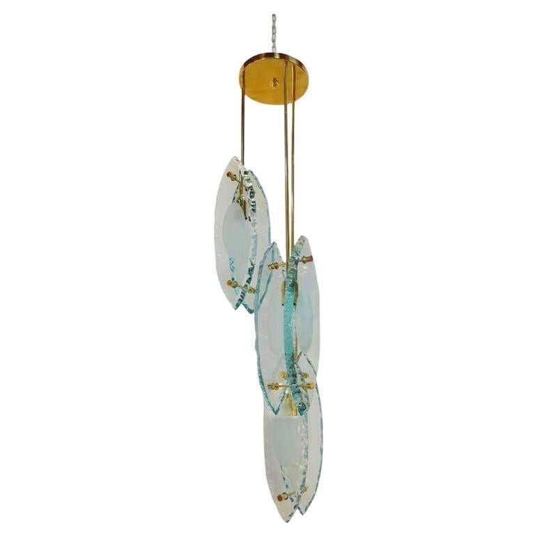 Italian Chandelier Thick Etched Glass Brass / Exclusive Design, Gianluca Fontana For Sale