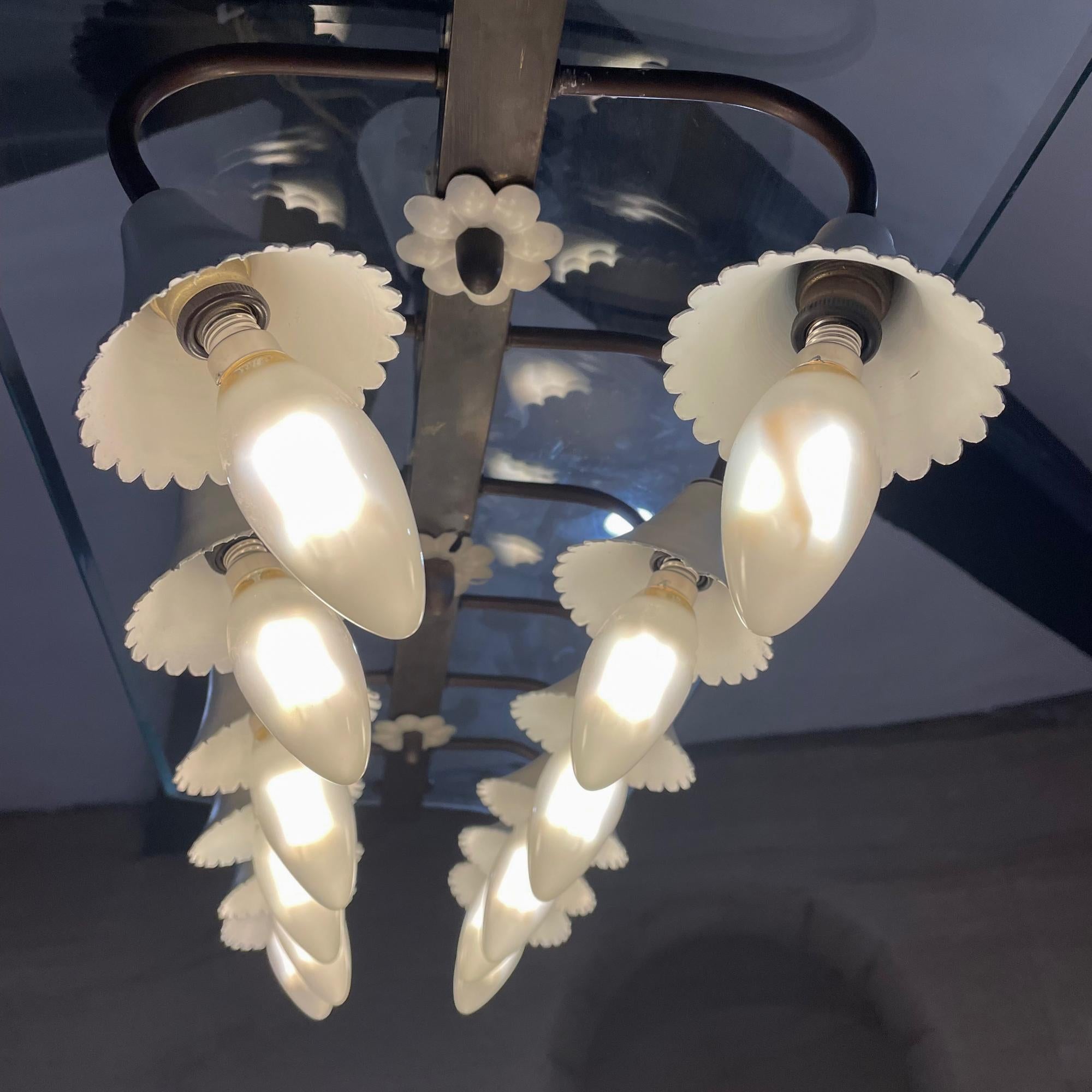  1940s Chandelier Twelve Flower Lights Glass Stage Fontana Arte Italy In Good Condition For Sale In Chula Vista, CA