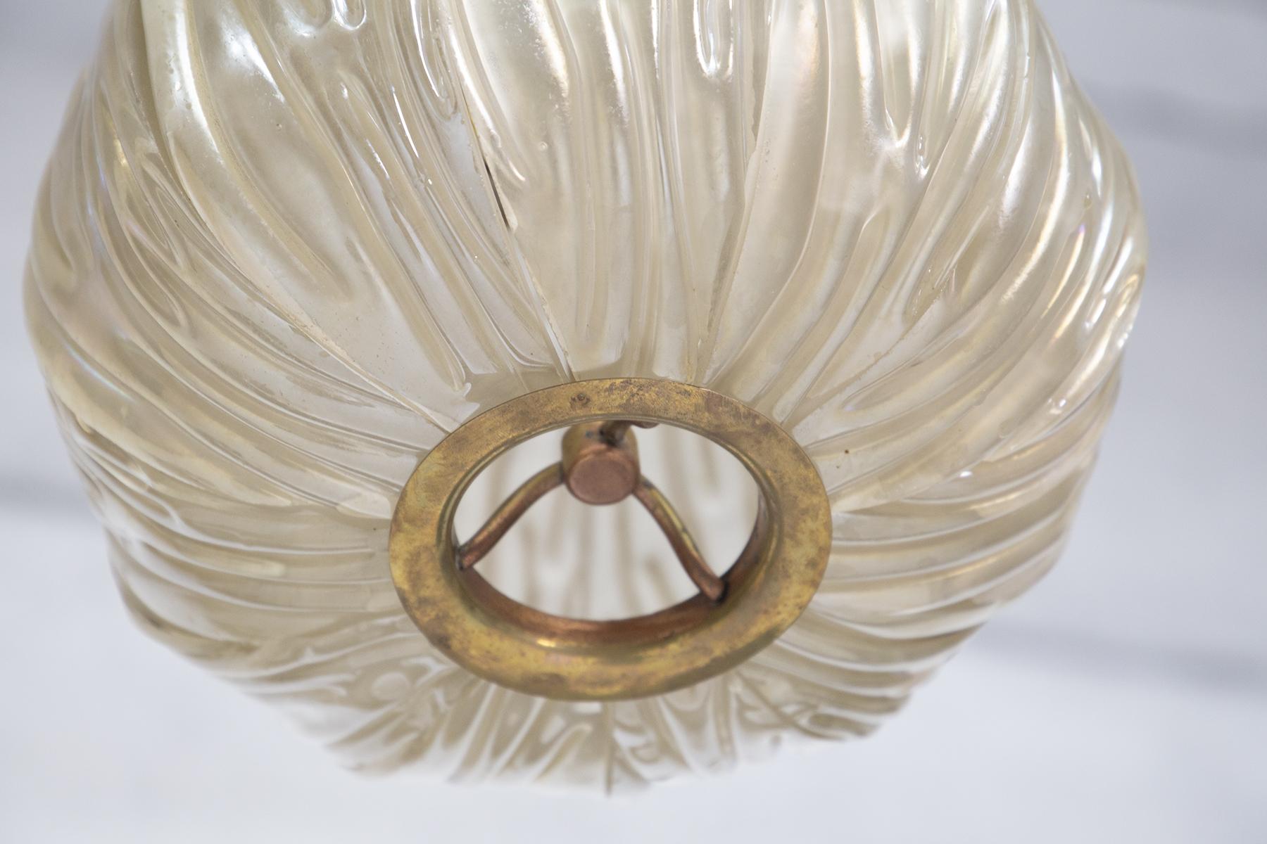 Brass Italian Chandelier Venini Pendant in Irridescent White Glass