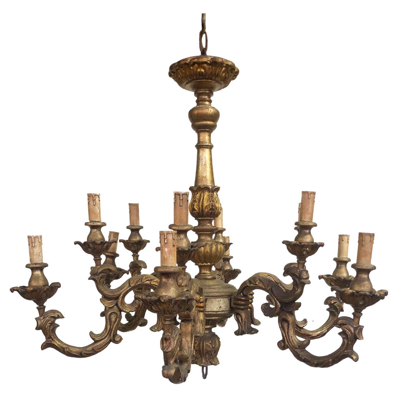 Italian Chandelier with 12 Lights Gold Wood