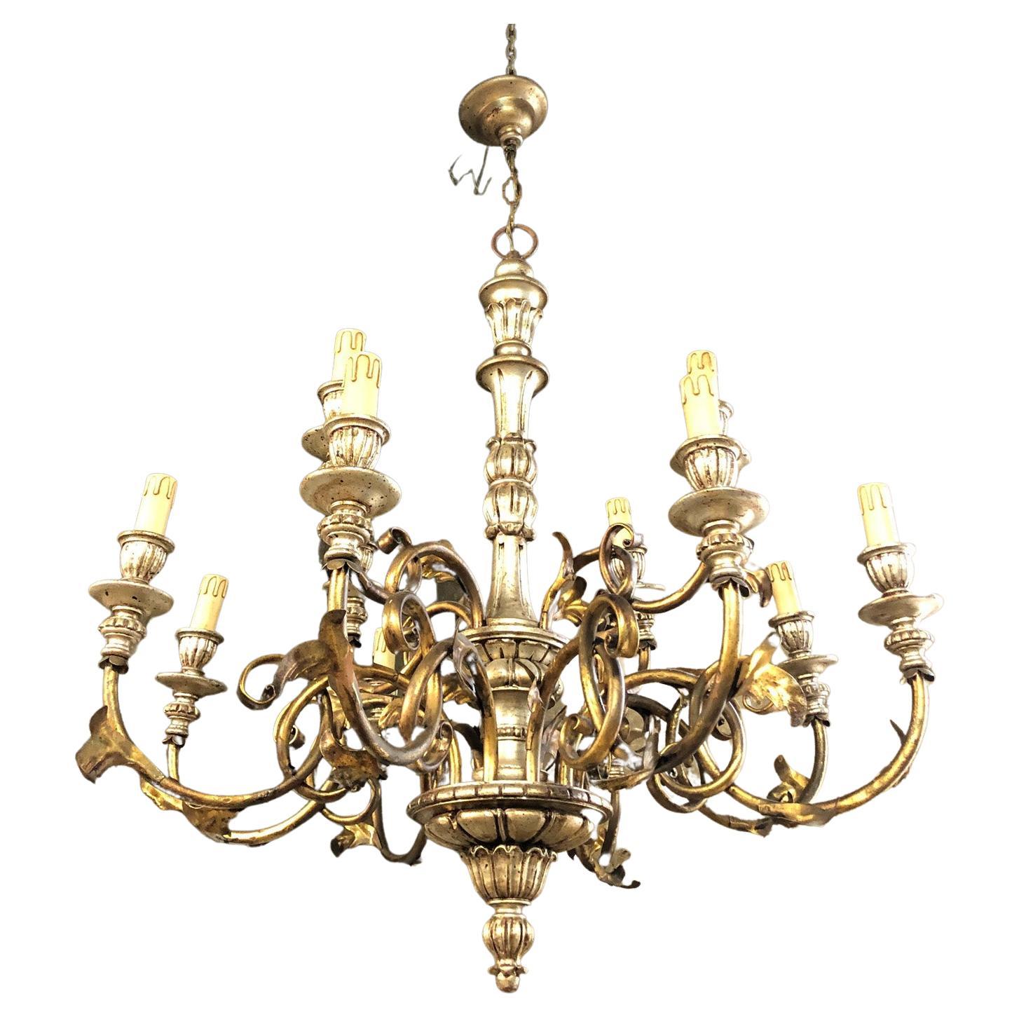 Italian Chandelier with 12 Lights in Wood and Metal