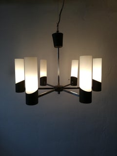 Italian Chandelier with a Grey Metal Frame and Milk Glass Tubes, Italy, 1960s