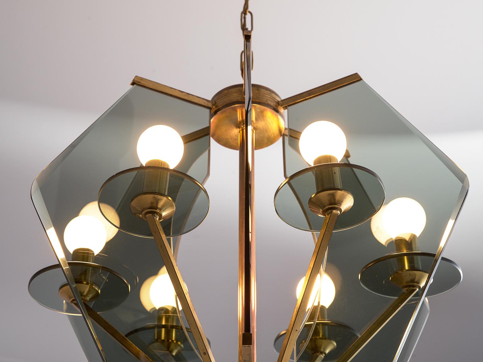 Italian Gino Paroldo Chandelier in Brass and Smoked Glass