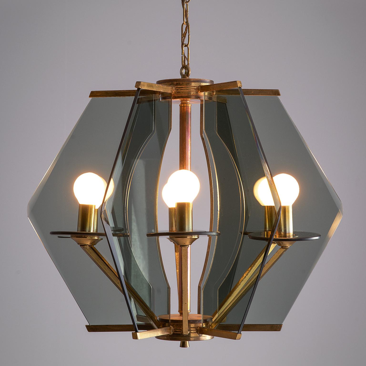 Mid-Century Modern Gino Paroldo Chandelier in Brass and Smoked Glass