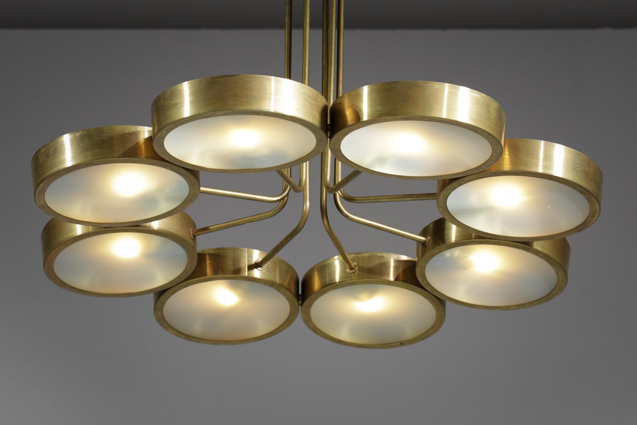 Modern Italian Chandelier with Brass Dome and Frosted Glass 