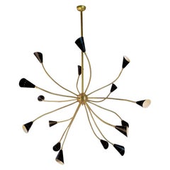 Italian Chandelier with Brass Structure and Adjustable Arms with Black Cones