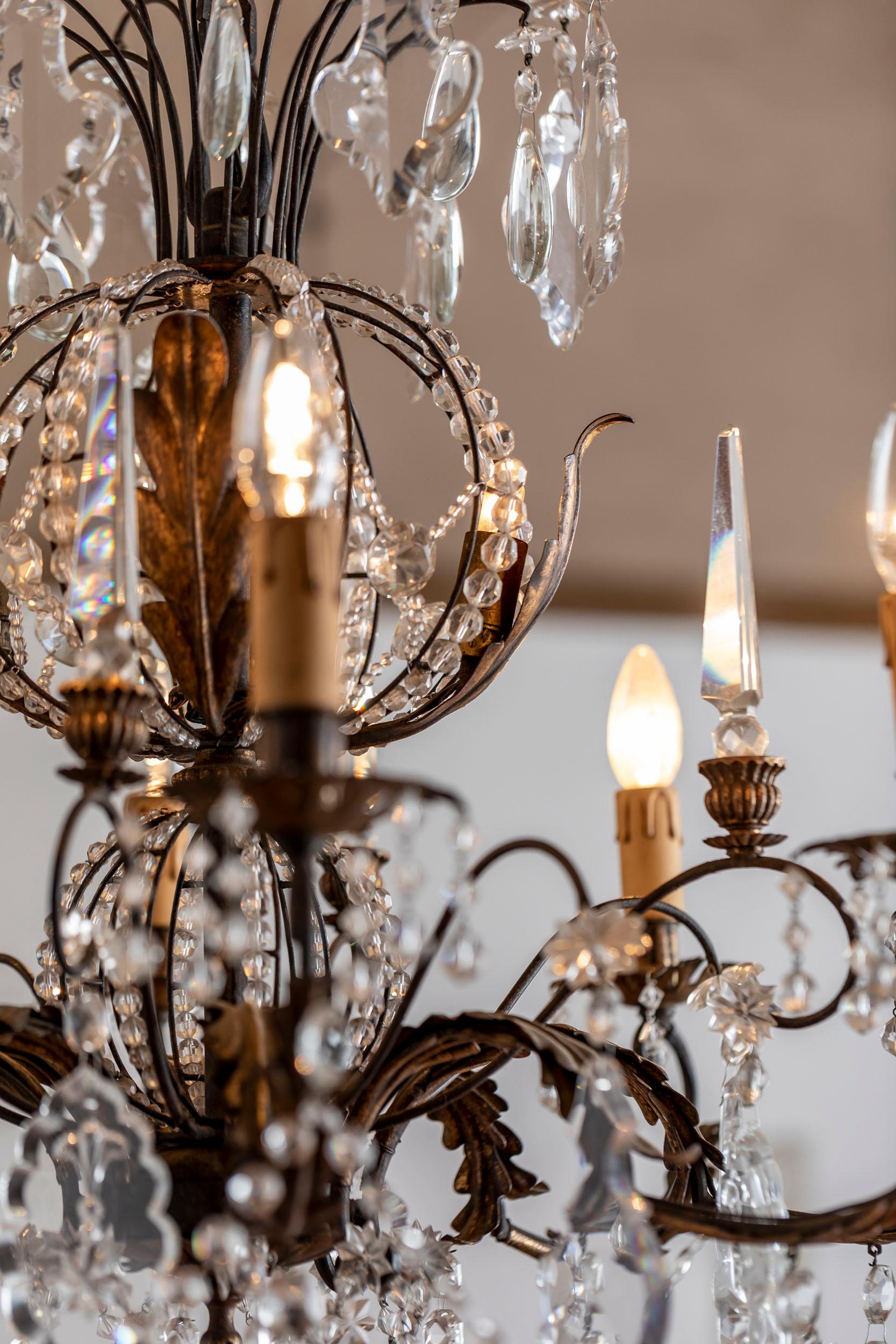 Brass Italian glass drops chandelier  For Sale