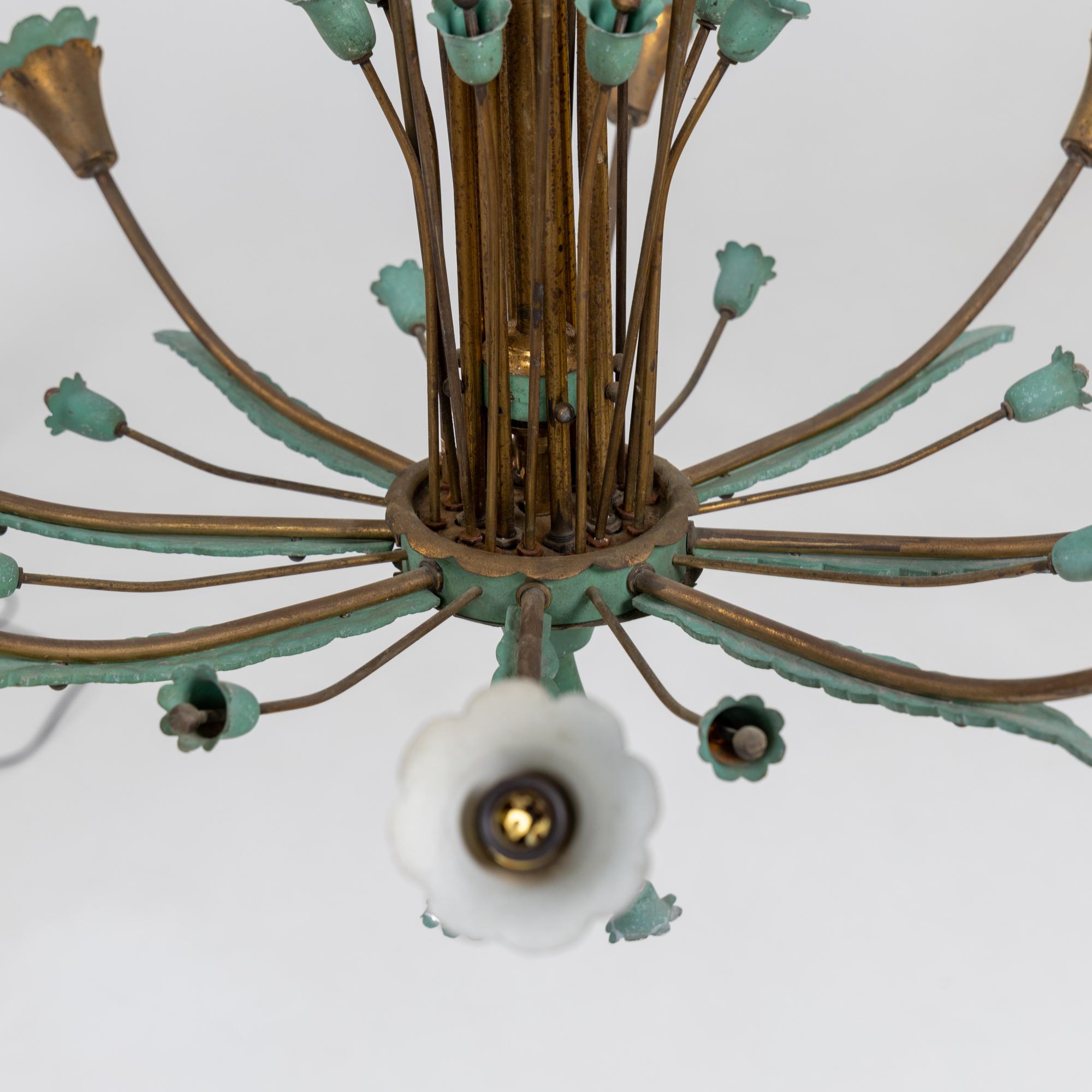 Brass Italian Chandelier with Flower Decor, Mid-20th Century For Sale