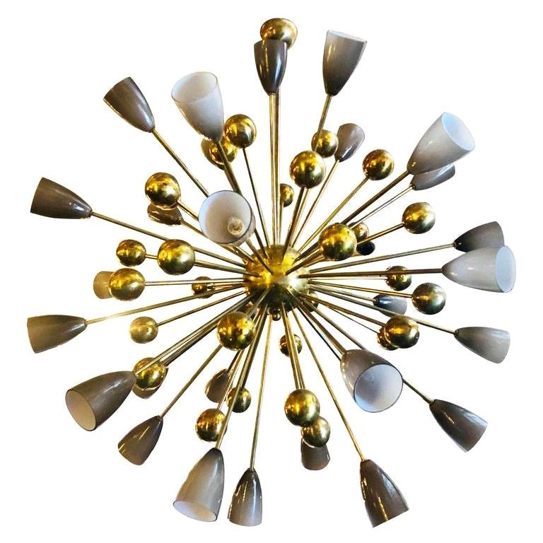Italian Chandelier with Frosted Smoky Murano Glass and Brass, 1990s For Sale