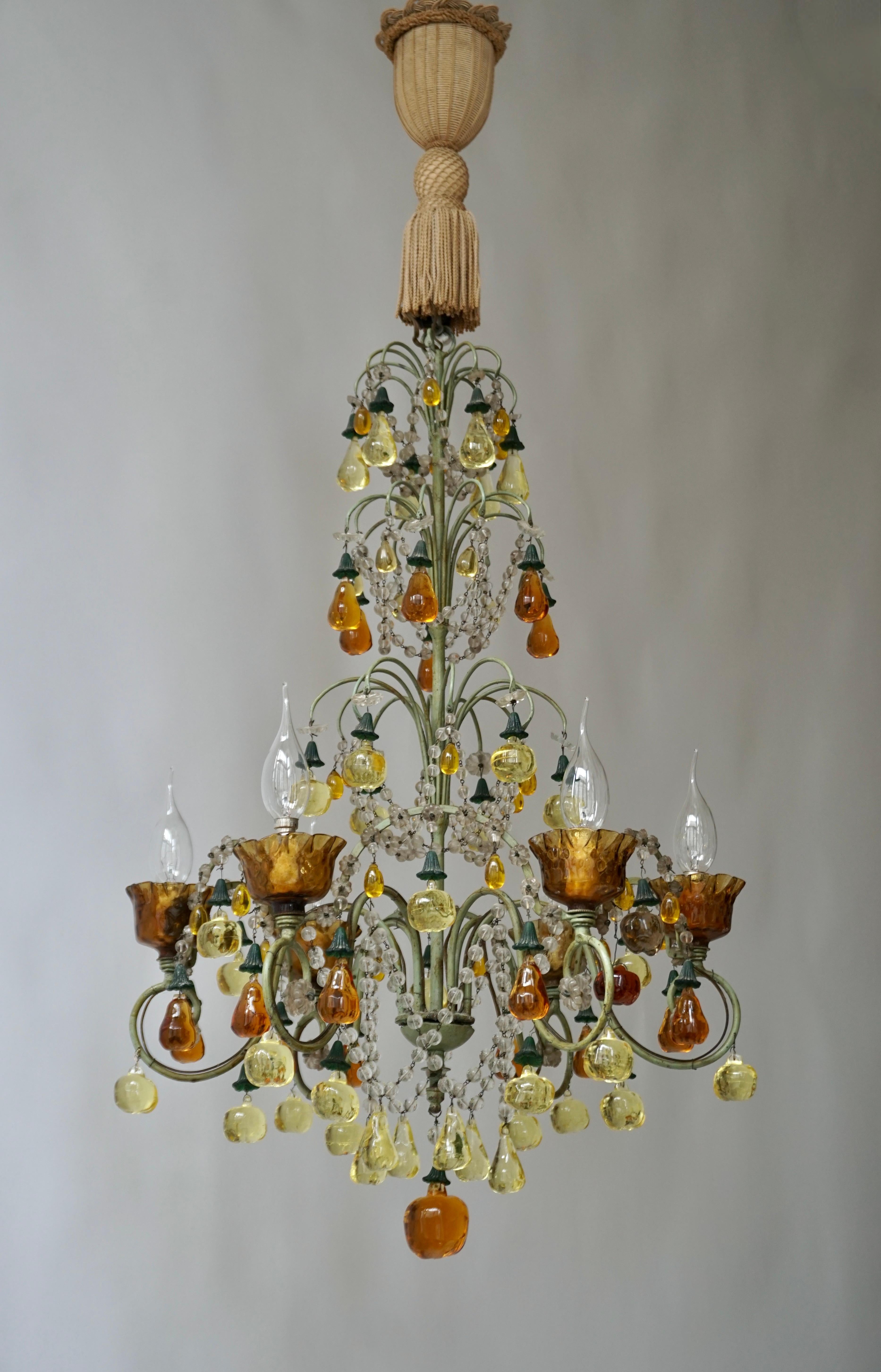Hollywood Regency Italian Chandelier with Murano Glass Fruit For Sale