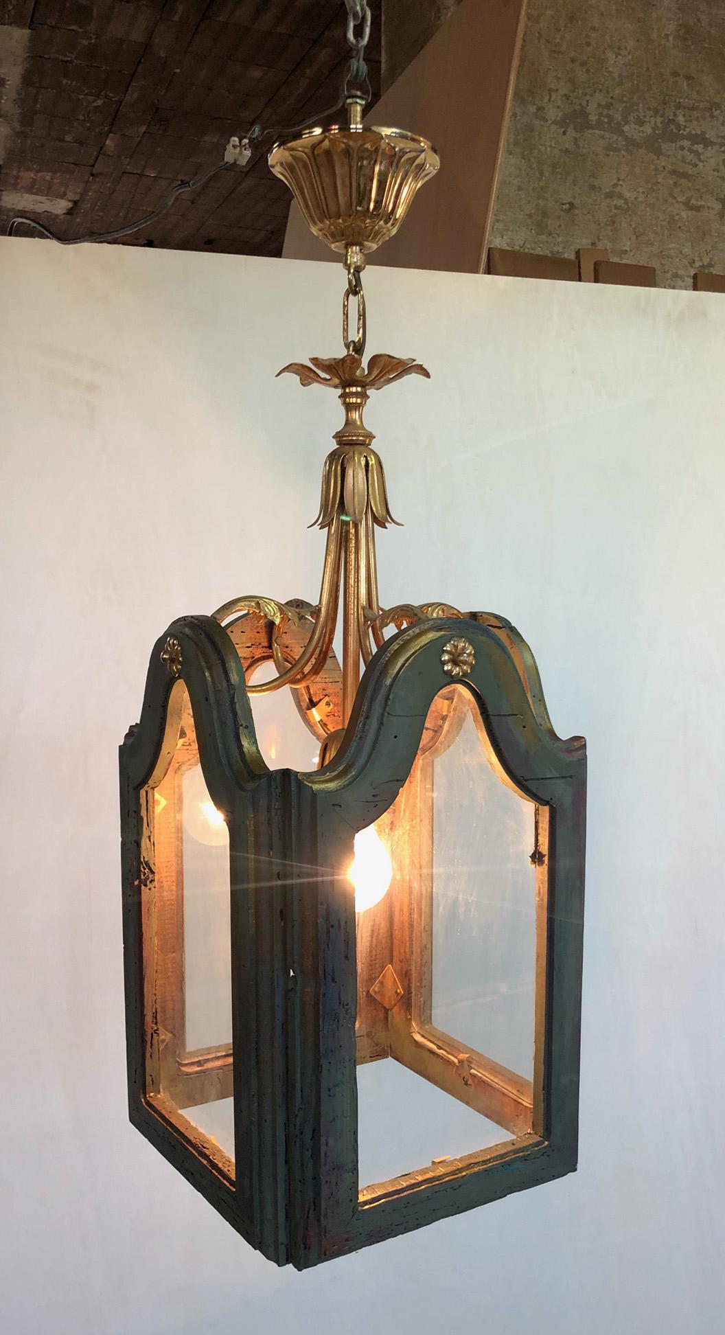 Baroque Revival Italian Chandelier with One Lights in Gold Color Wood and Glass