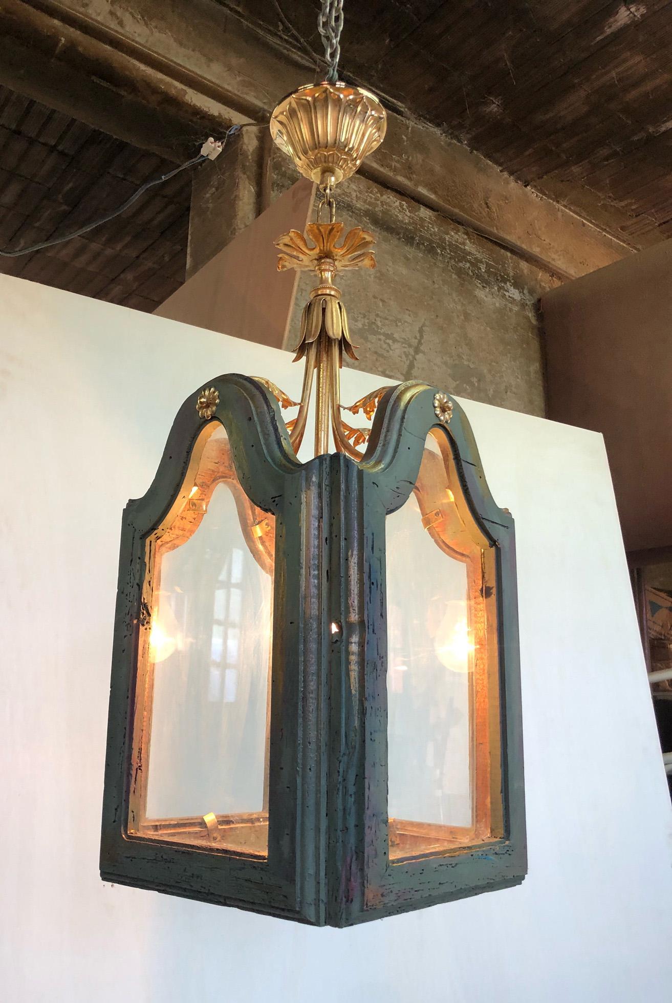 Italian Chandelier with One Lights in Gold Color Wood and Glass 1