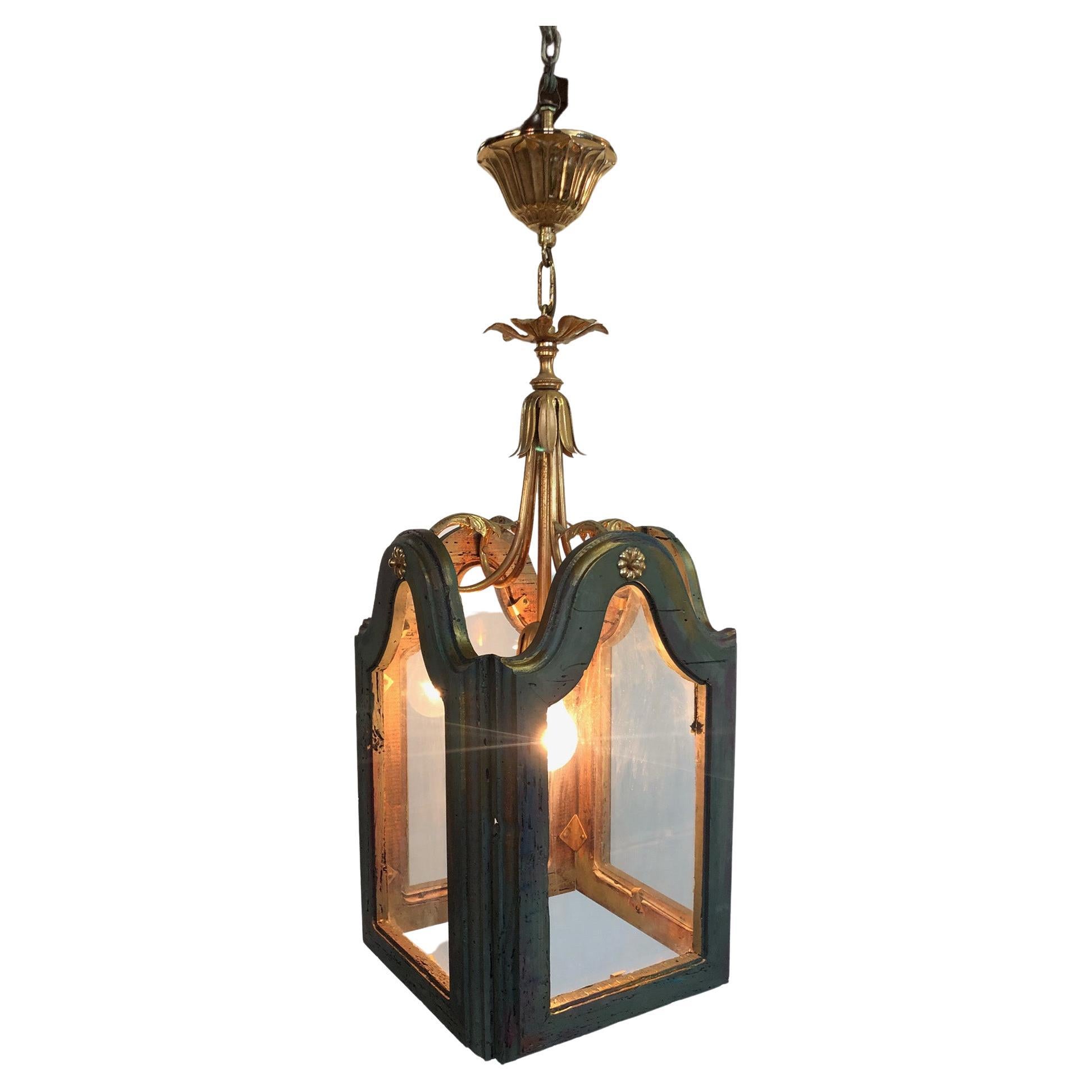 Italian Chandelier with One Lights in Gold Color Wood and Glass