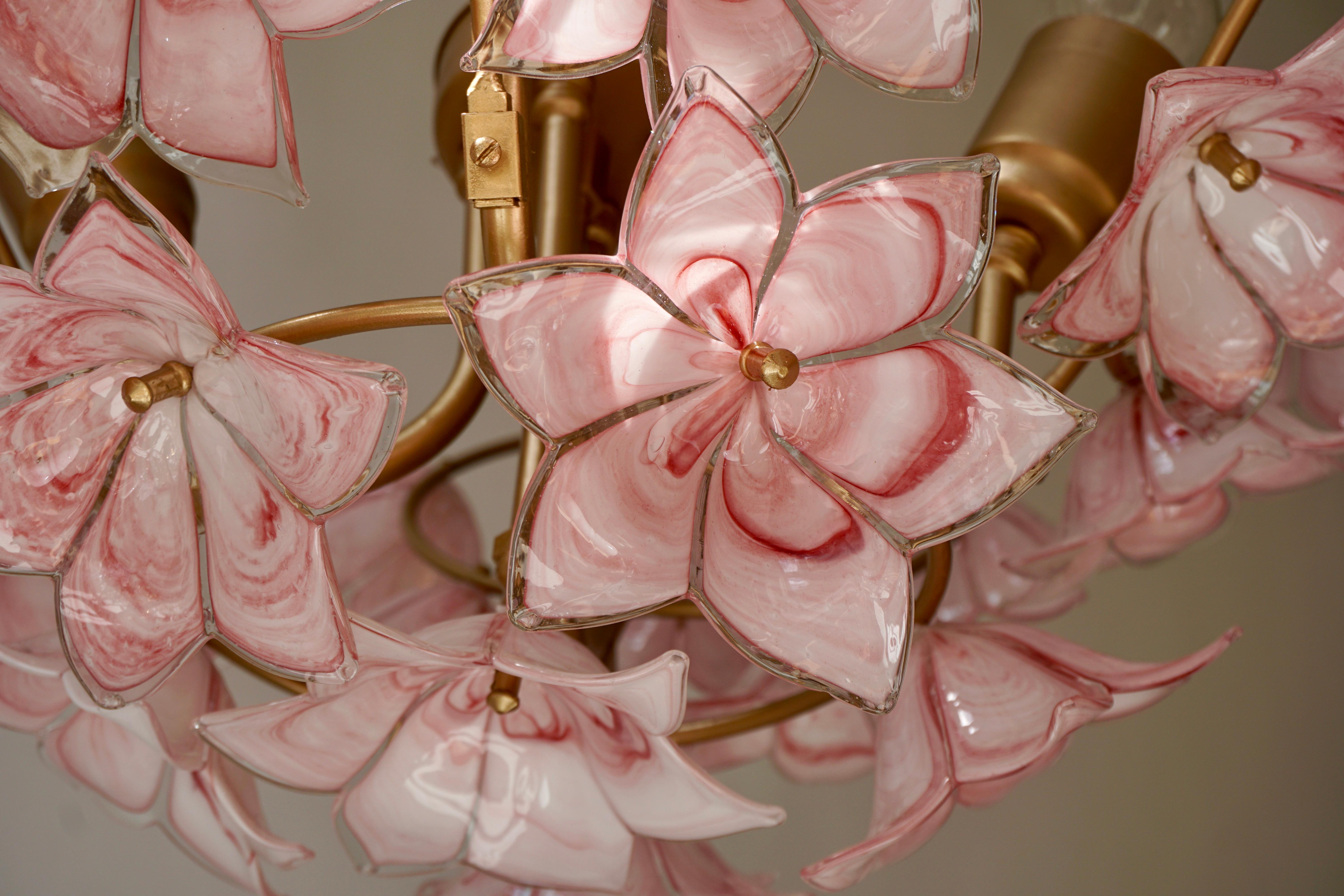 Italian Chandelier with Pink White Murano Glass Flowers 2