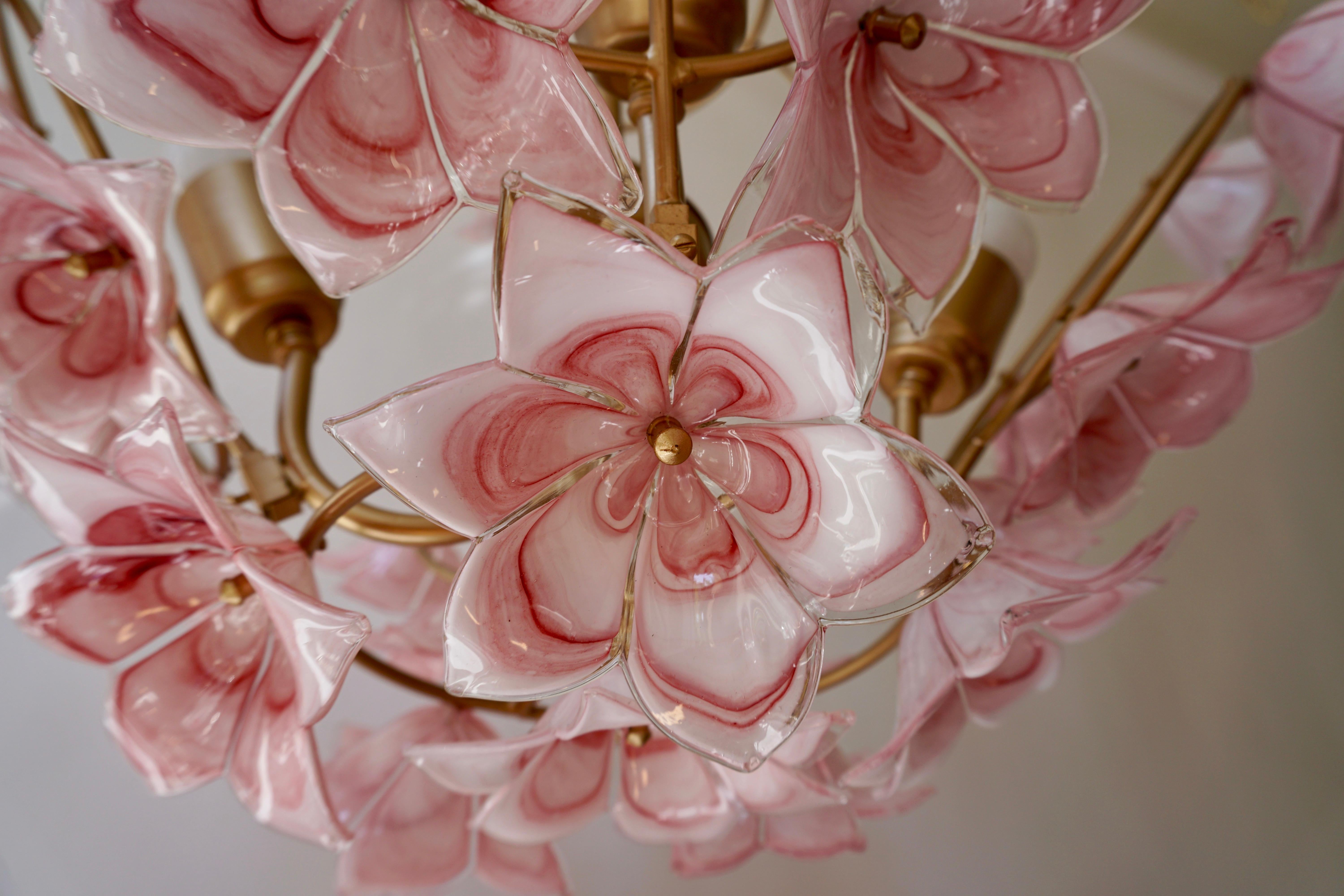 Italian Chandelier with Pink White Murano Glass Flowers 3